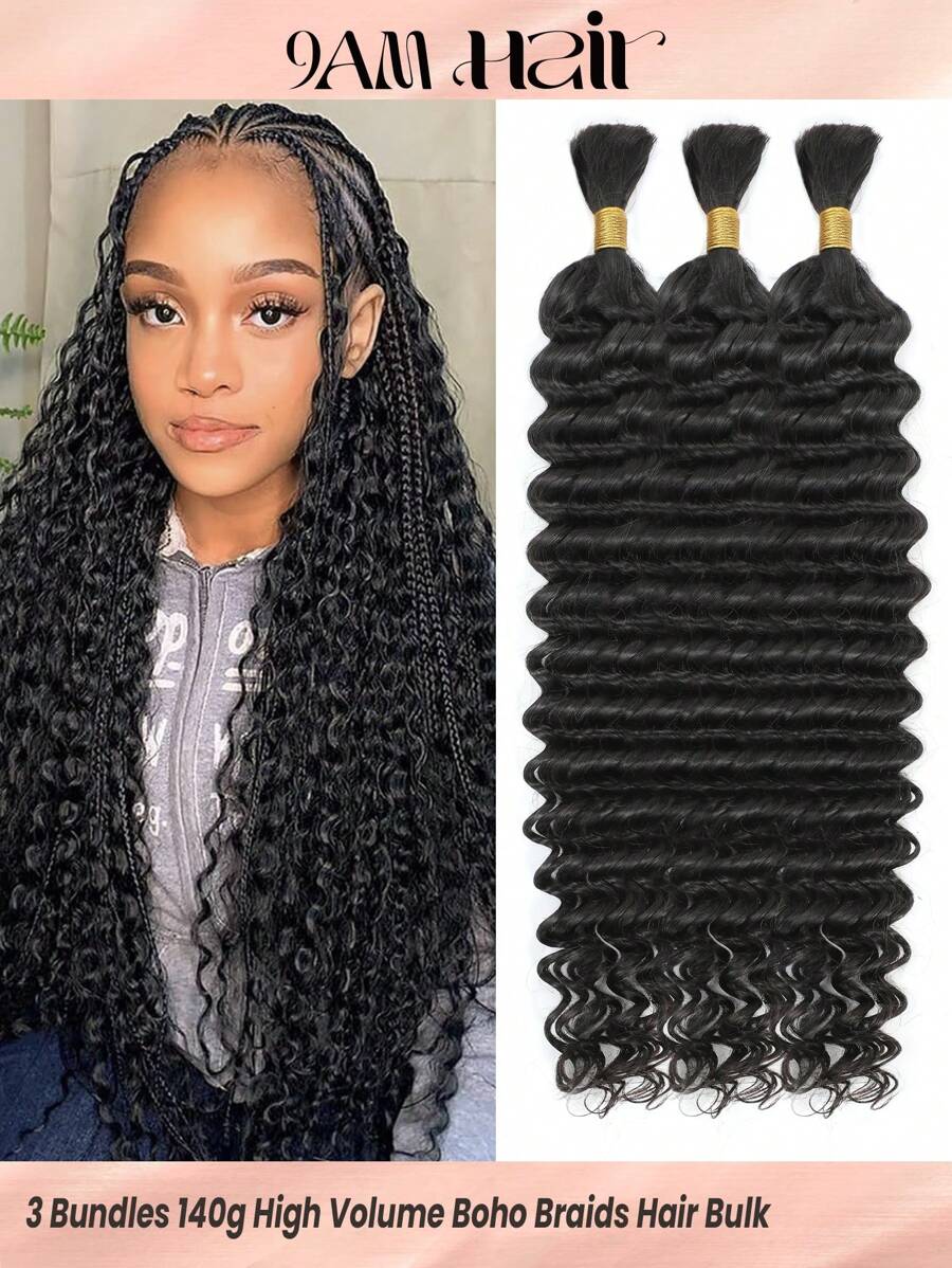 3 Bundles High Volume Braiding Hair Bulk No Weft Deep Wave Crochet Human Hair Boho Braids Natural Black Color Hair Extension Enough Full Head Weight 4.93 Ounce Knotless Braids Hair Extentions