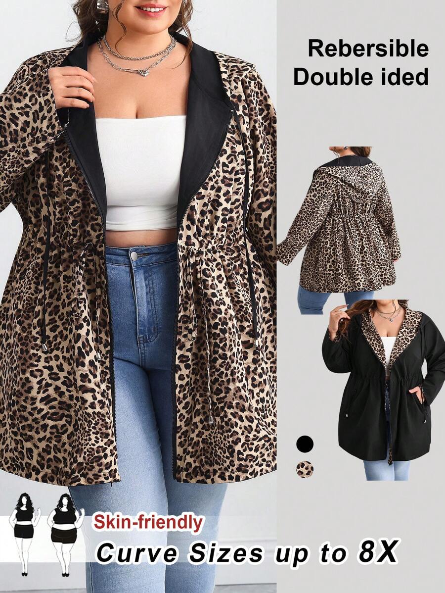 SHEIN CURVE+ Chaqueta con capucha reversible de estampado de leopardo para mujer de tallas grandes, atuendos de otoño/verano, vacaciones en el campo/playa, ropa de playa