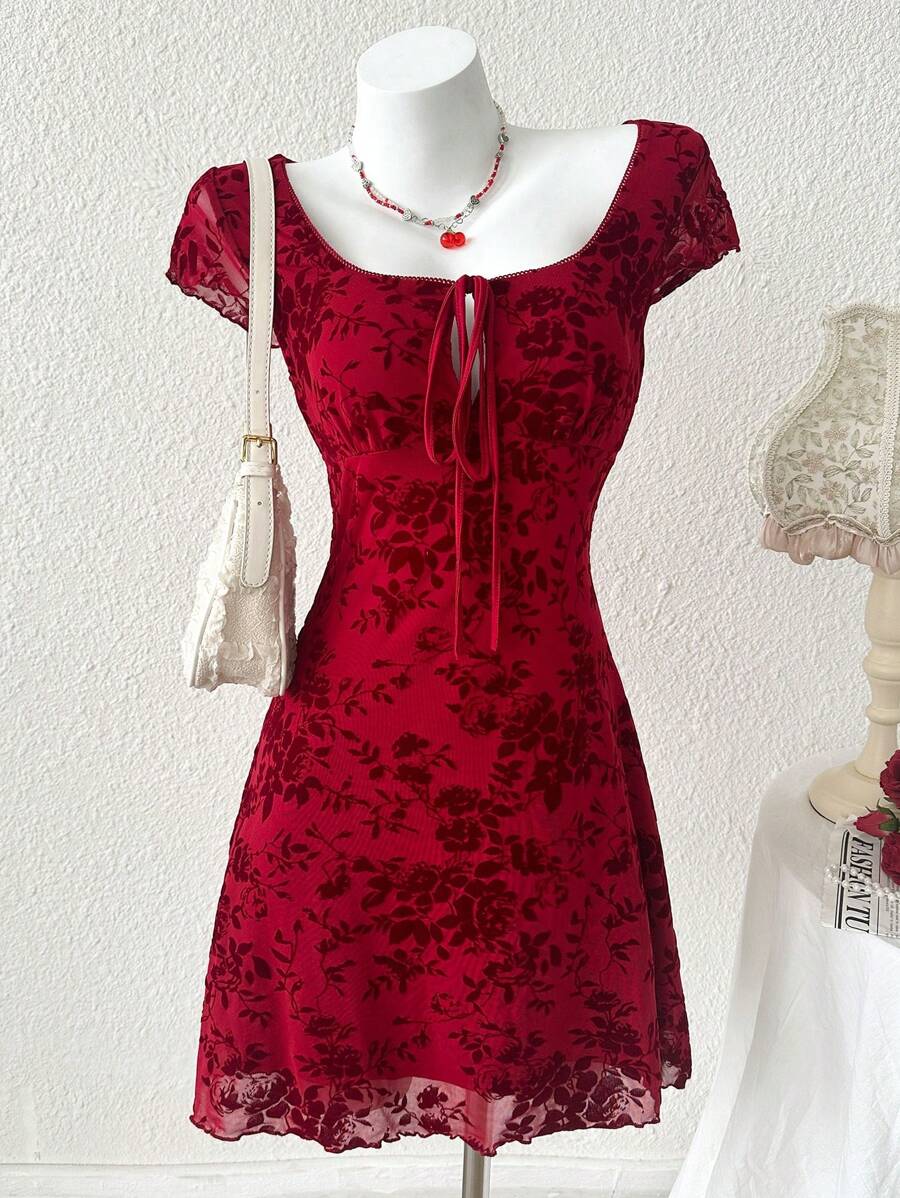Modelyn Abito elegante da donna con fiori floccati e fiocco frontale, adatto per l'estate