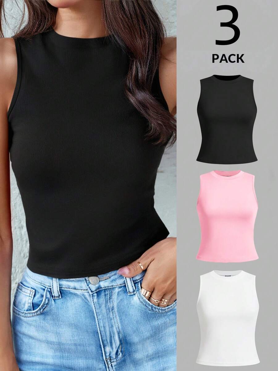 SHEIN LUNE 3pcs/Set Women Casual Solid Color Round Neck Sleeveless Tight Fitting Tank Tops, Black/White/Gray, Suitable For Summer