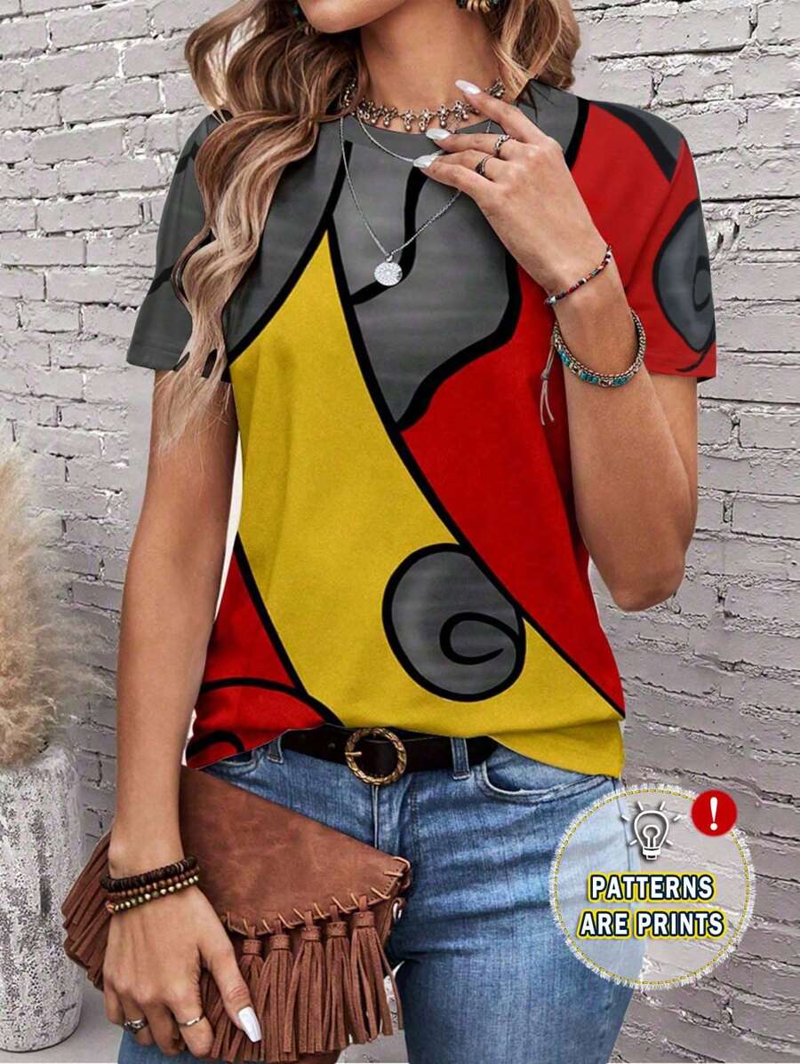 EMERY ROSE Camiseta informal y sencilla para mujer con estampado completo, adecuada para el verano
