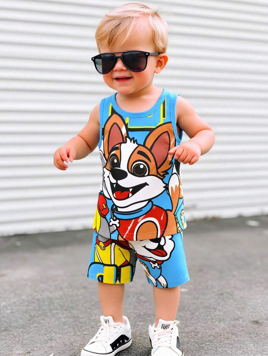 SHEIN 2pcs Puppies, Cartoon, Young Boy Print Casual Short Sleeve Set, Suitable For Spring & Summer