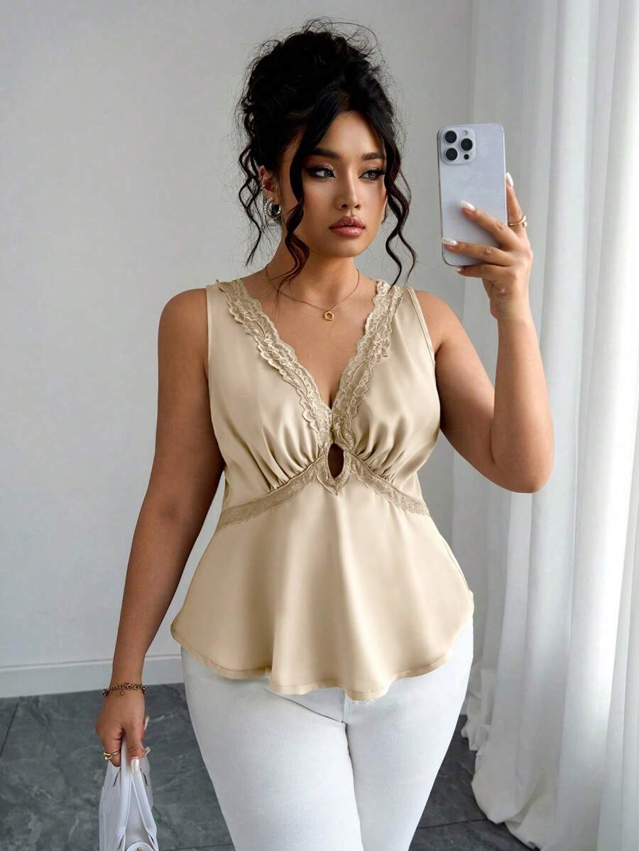 Elenzga 1 pieza Parte superior sin mangas elegante y versátil de talla grande, tank top con escote en V profundo y adorno de encaje sexy