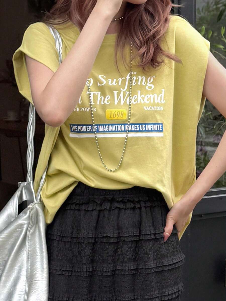 FRIFUL Women's Sleeveless Round Neck Letter Print T-Shirt, Yellow, Loose Casual Versatile Vacation & Music Festival Outfit