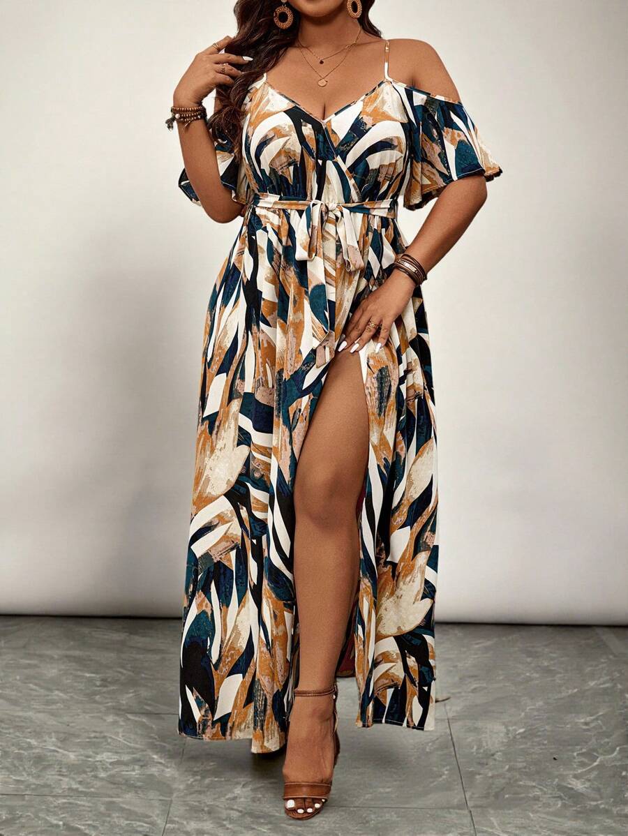 SHEIN VCAY Plus Size Open Shoulder Short Sleeve Holiday Dress, Mother Day Outfit, Vacation Outfits Woman, Rave Outfit, Western Wear Women Plus,Flowy Dress Women Summer Clothing Women Summer Sets Women Dresses Birthday,Sun Dresses For Women