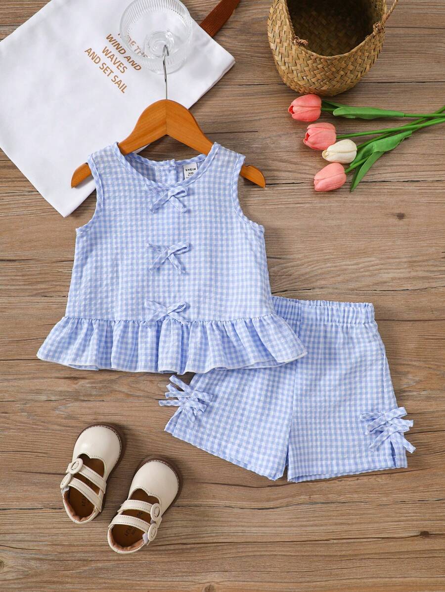 SHEIN Vintaside Kids 2 Pieces Baby Girl Cute Casual Plaid Strappy Camisole And Shorts Clothing Set For Outdoor Outings Baby Clothes For Girls