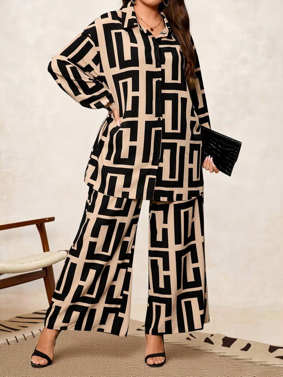 SHEIN Clasi Curve Plus Size Khaki Elegant Business Commuting Casual All-Over Print Lantern Sleeve Shirt + Wide Leg Pants 2 Pieces Set, Autumn And Winter