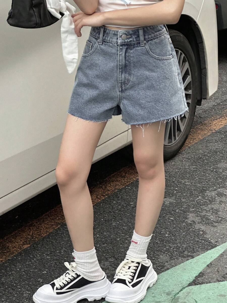 Dazy Kids Short Denim Casual e Solto com Franjas em Cor Sólida para Adolescentes, Roupas de Verão e Volta às Aulas