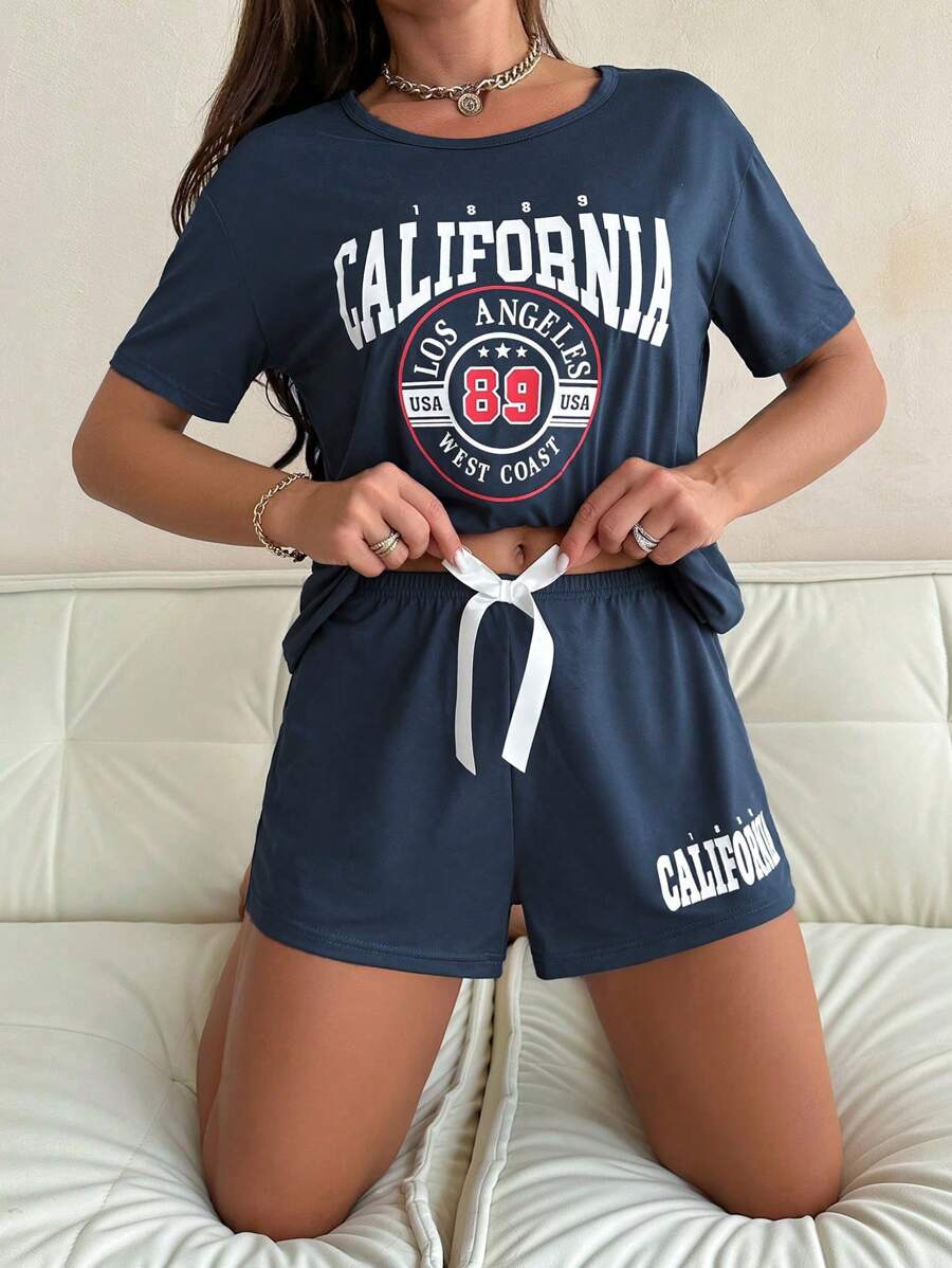 Slogan Print Casual Korte Mouw Shorts Pyjamaset Voor Dames