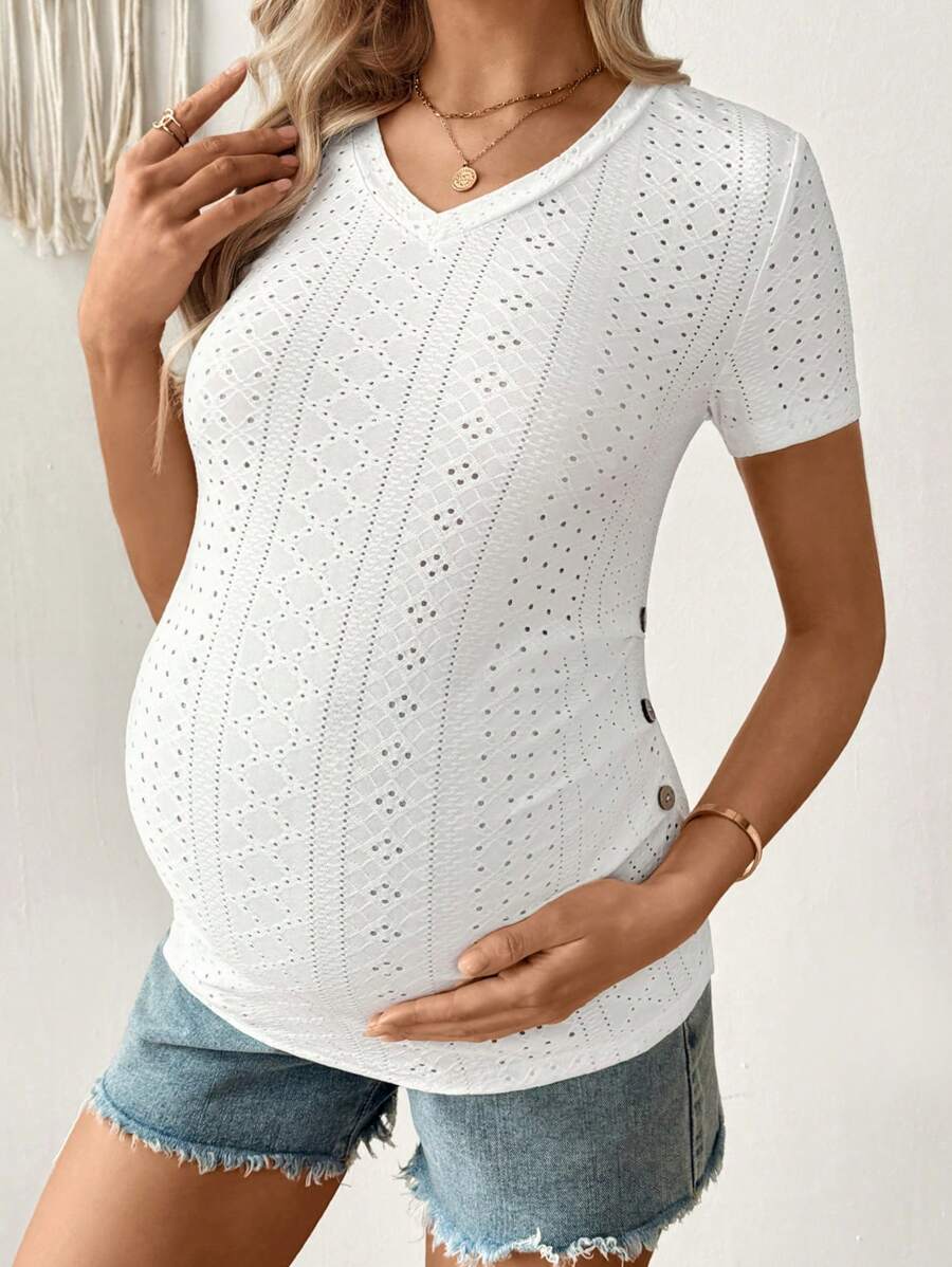 SHEIN T-shirt de maternité simple à manches courtes de couleur unie, tenue décontractée pour tous les jours