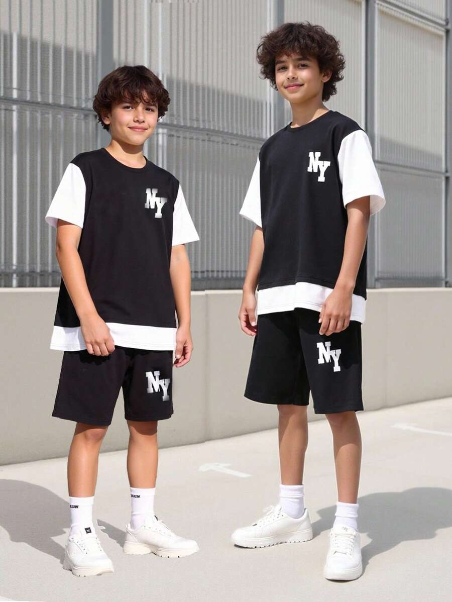SHEIN Tricou și pantaloni scurți 2 în 1 Tween Boy Letter Graphic Colorblock