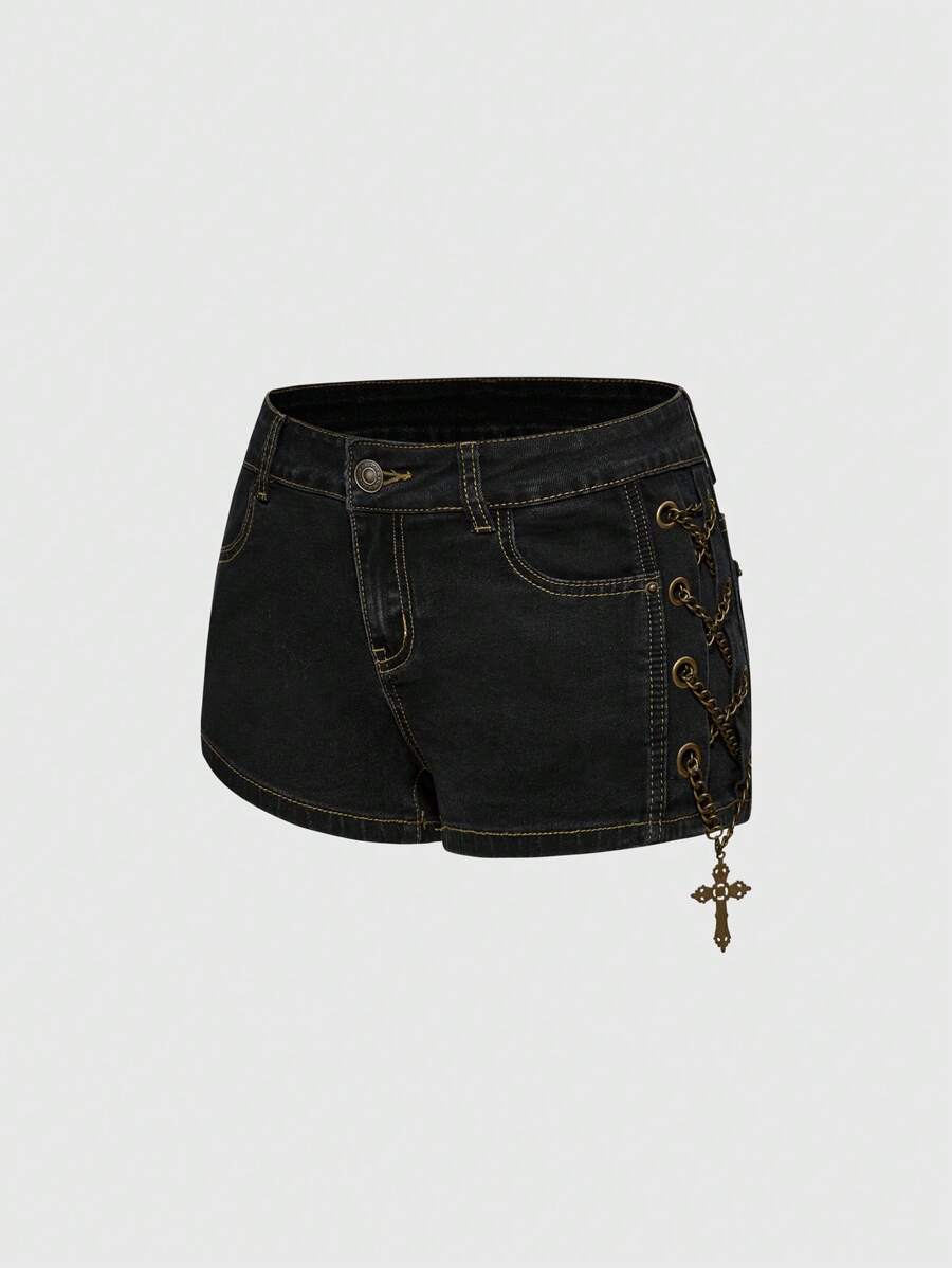 ROMWE Avant Shorts minifalda de cintura baja con decoración de cruz de metal lavado en estilo vintage desgastado