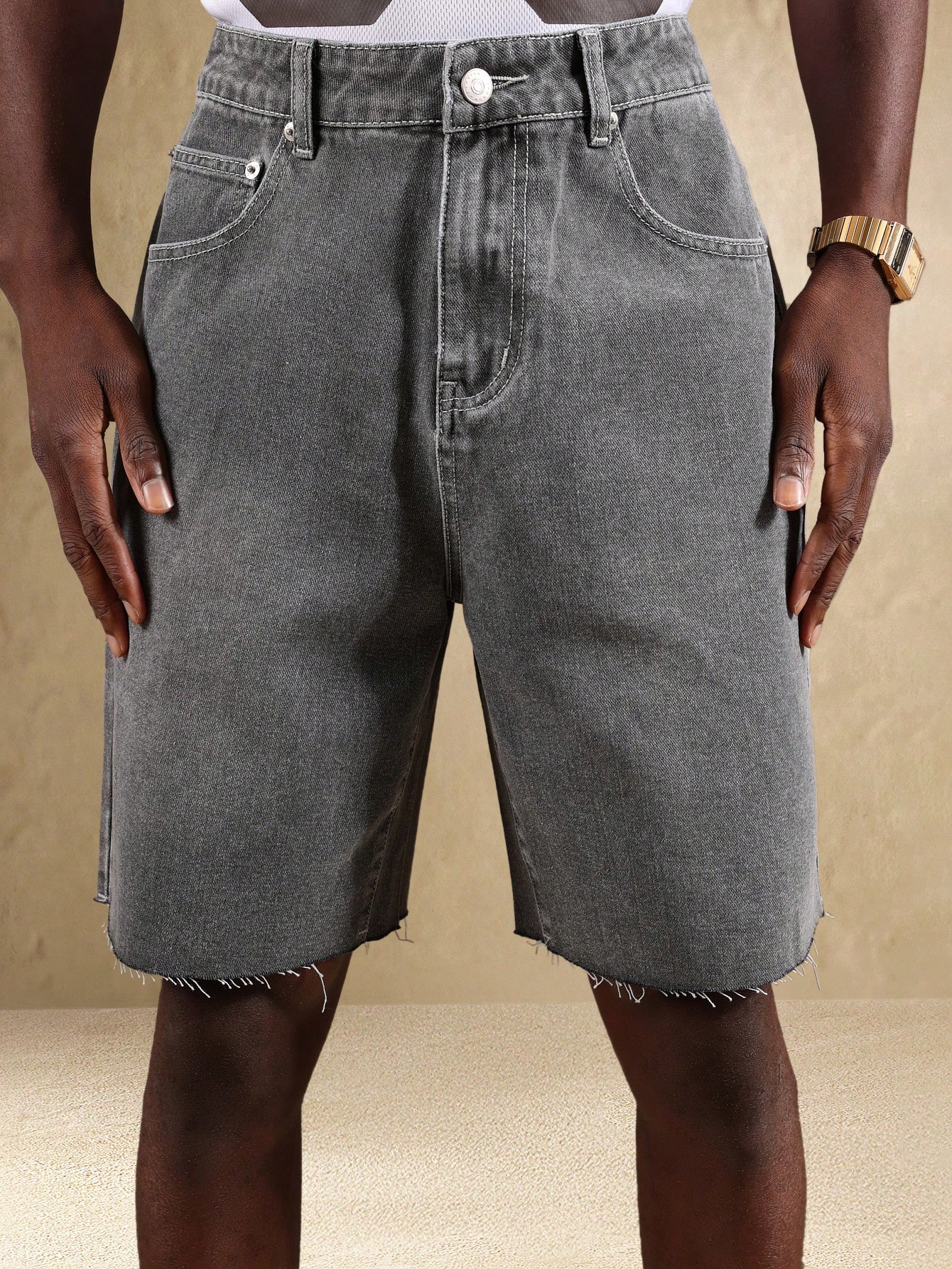 Raw Cut Off Bermuda Length Distressed Denim Shorts Frayed