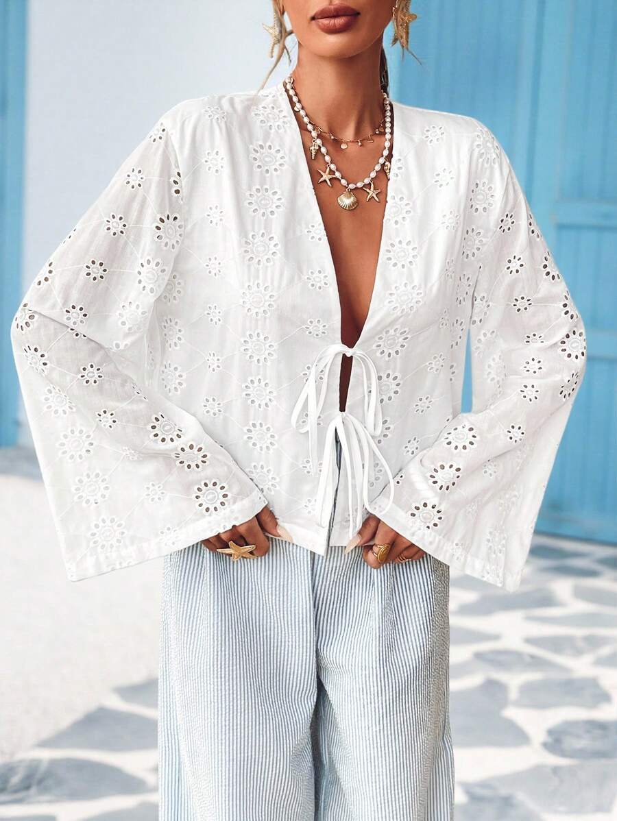 Vivid Eden Blouse ample à manches longues, à liens devant, en couleur unie tissée, pour femme