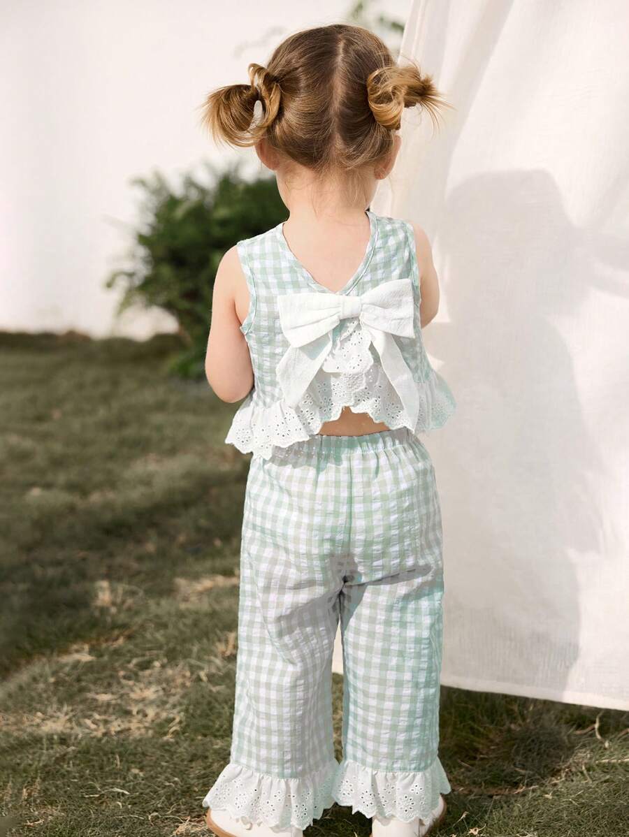 Cozy Pixies 2pcs Baby Girl Sets: Contrast Trim Crew Neck Sleeveless Cardigan Top And Elastic Waist Pants