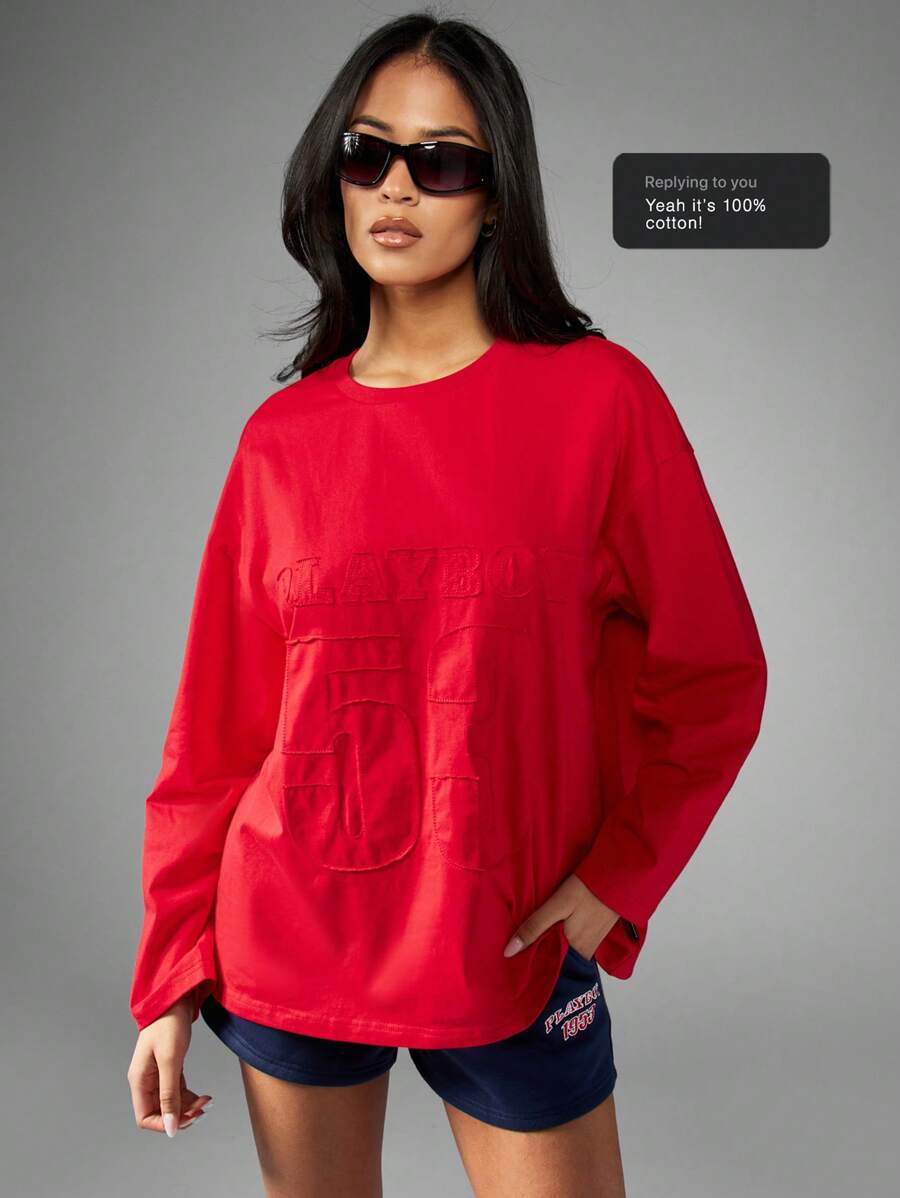 Missguided x Playboy Maglia lavorata a maglia in stile college, con applicazione di numeri, abbigliamento casual sportivo a maniche lunghe, vestibilità ampia, adatto all'autunno e all'inverno