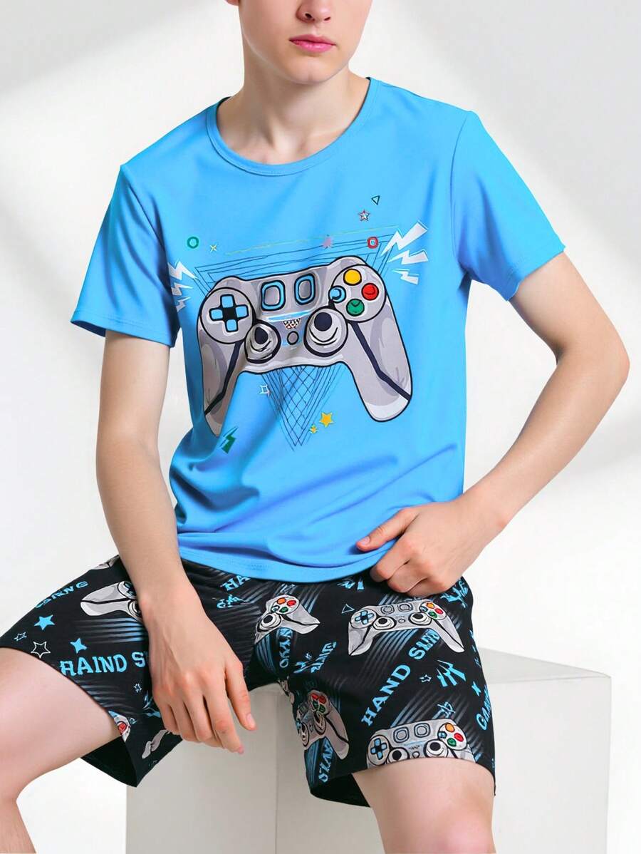 Conjunto de pijama con estampado de consola de juegos para adolescentes varones, material suave de seda de leche, top azul y pantalones cortos, ropa casual para el hogar