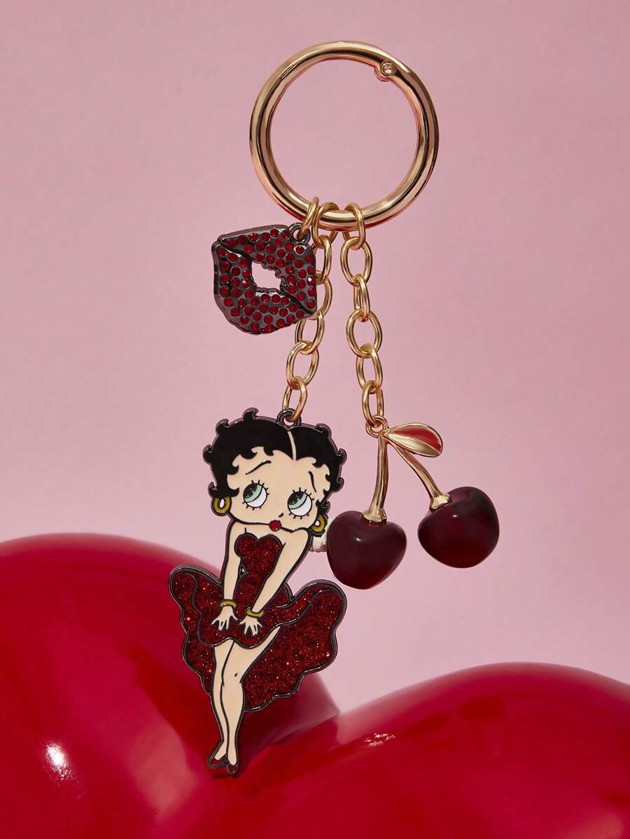 Betty Boop x SHEIN Porte-clés à pampille mode et élégant 3D en alliage brillant de cerise, pendentif de sac de dessin animé mignon