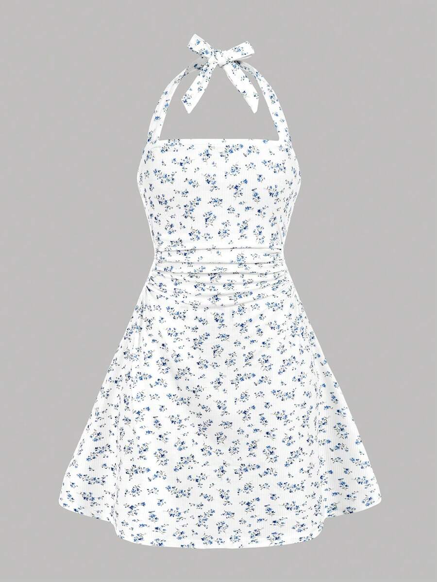 SHEIN Girlism Tween Girls Casual Chic Cute Ditsy Floral Halter Tie Waist Ruched A-Line Dress, School Or Vacation Wear