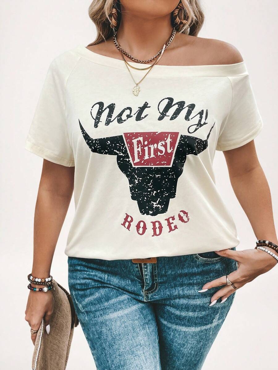 SHEIN LUNE Talla grande Camiseta con estampado de vaca y letra de manga raglán