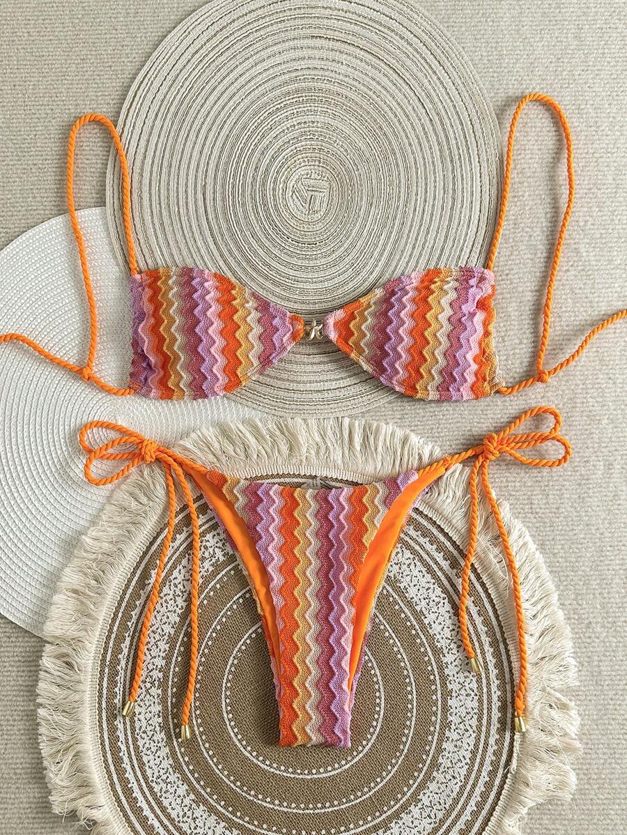 Swim Vcay 2 pezzi Completo estivo da donna bikini a costine in maglia, con top a canotta e pantaloni traforati, con cordino su entrambi i lati