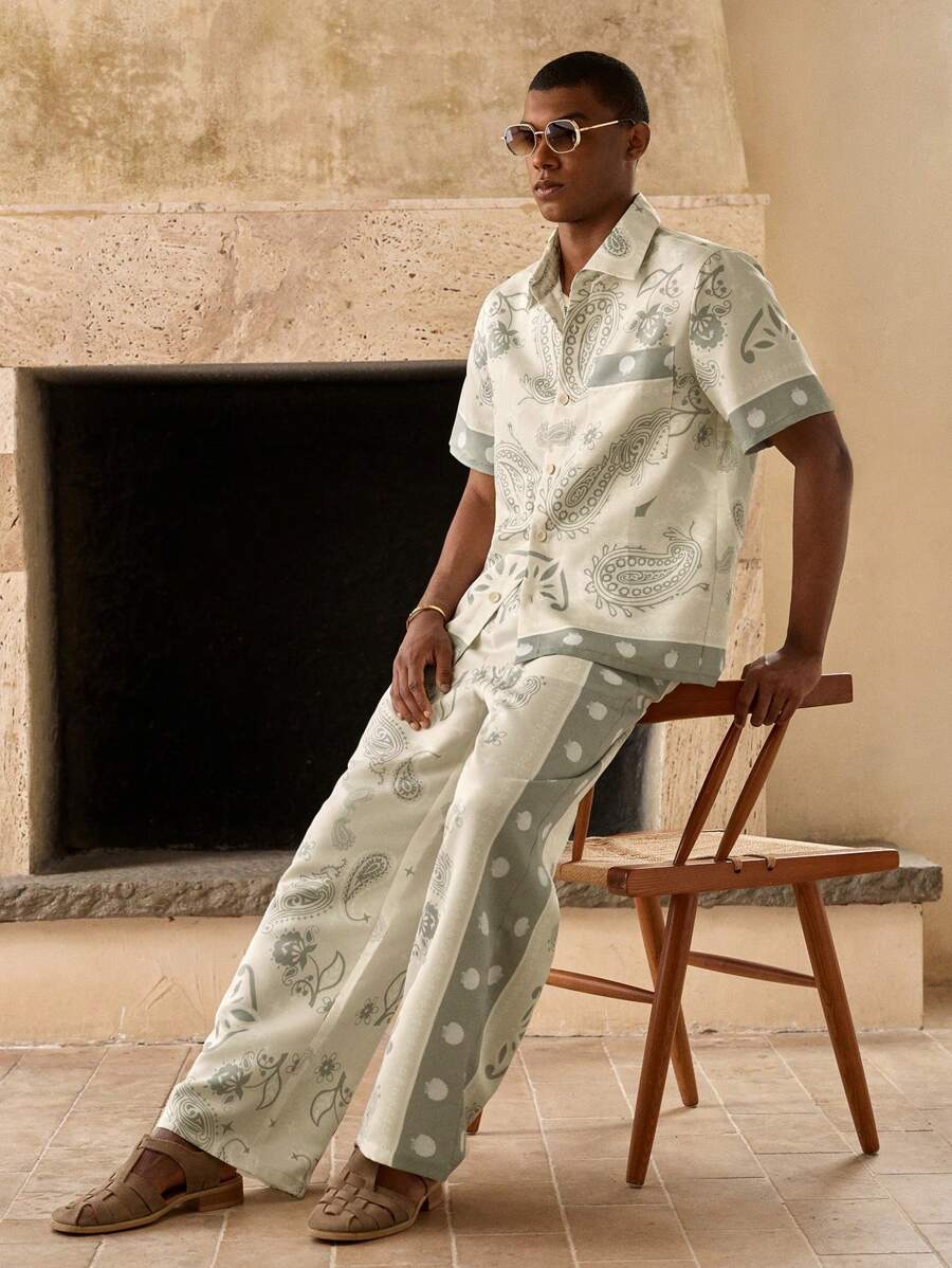 Anewsta Men's Casual Retro Cashew Flower Print Wide Leg Pants