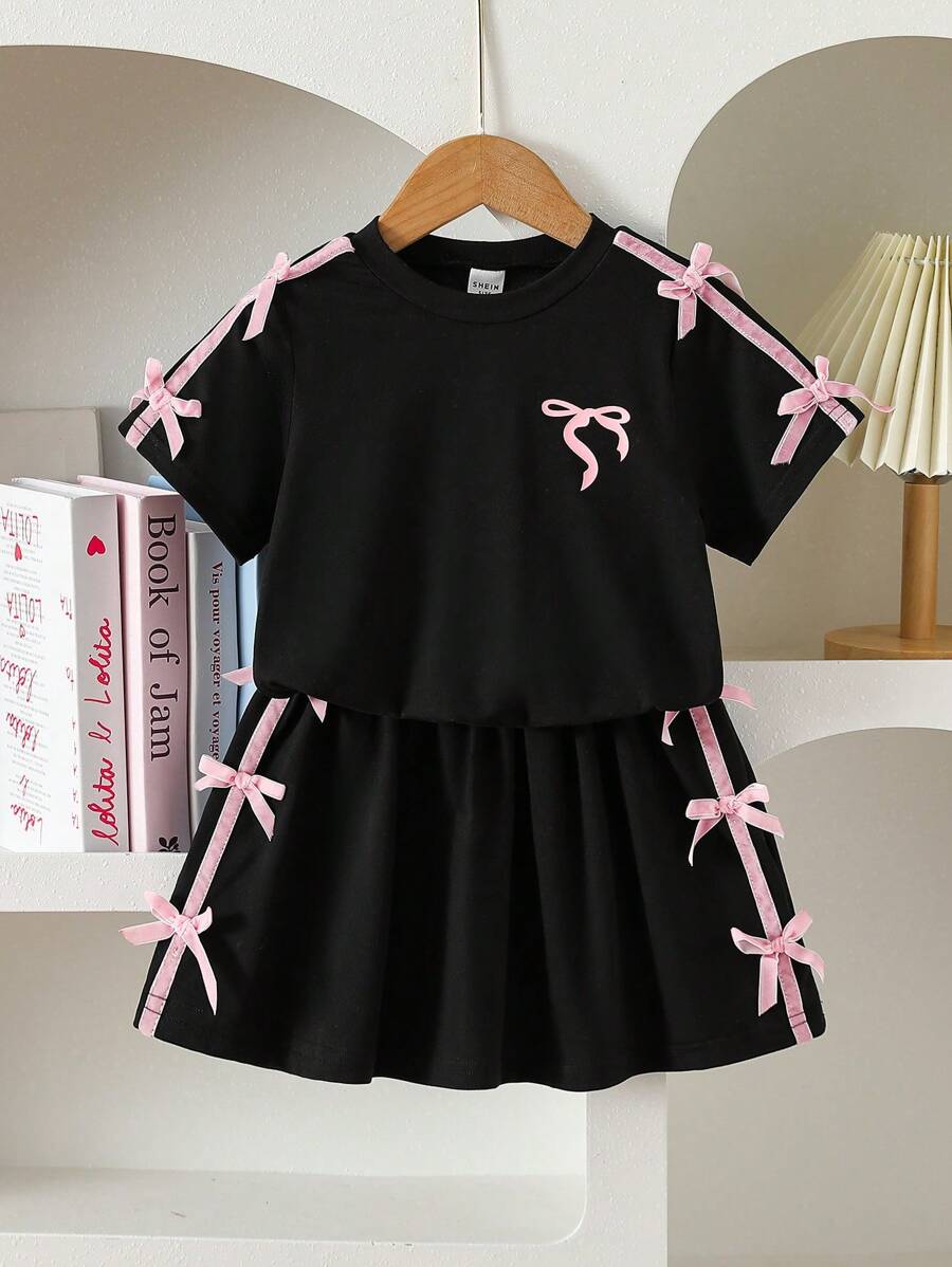 2pcs/Set Young Girl Black Comfortable Round Neck Cute Bow Decor Printed Short Sleeve T-Shirt & Elastic Waist Short Skirt Set