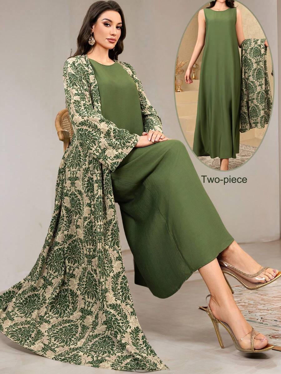 Veilorie Conservative Casual All-Over Print Abaya Dress And Solid Color Extra Long Dress Women's Arabic Set Modest Dresses For Women ,Women Green Dress