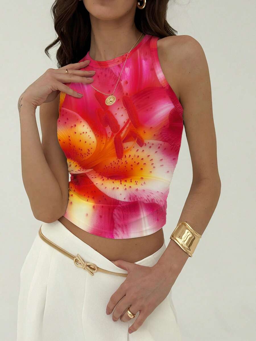 Aloruh Top canottiera da donna minimalista casual con stampa a giglio plissettato, adatta per l'estate, la spiaggia, le vacanze, la primavera e la laurea