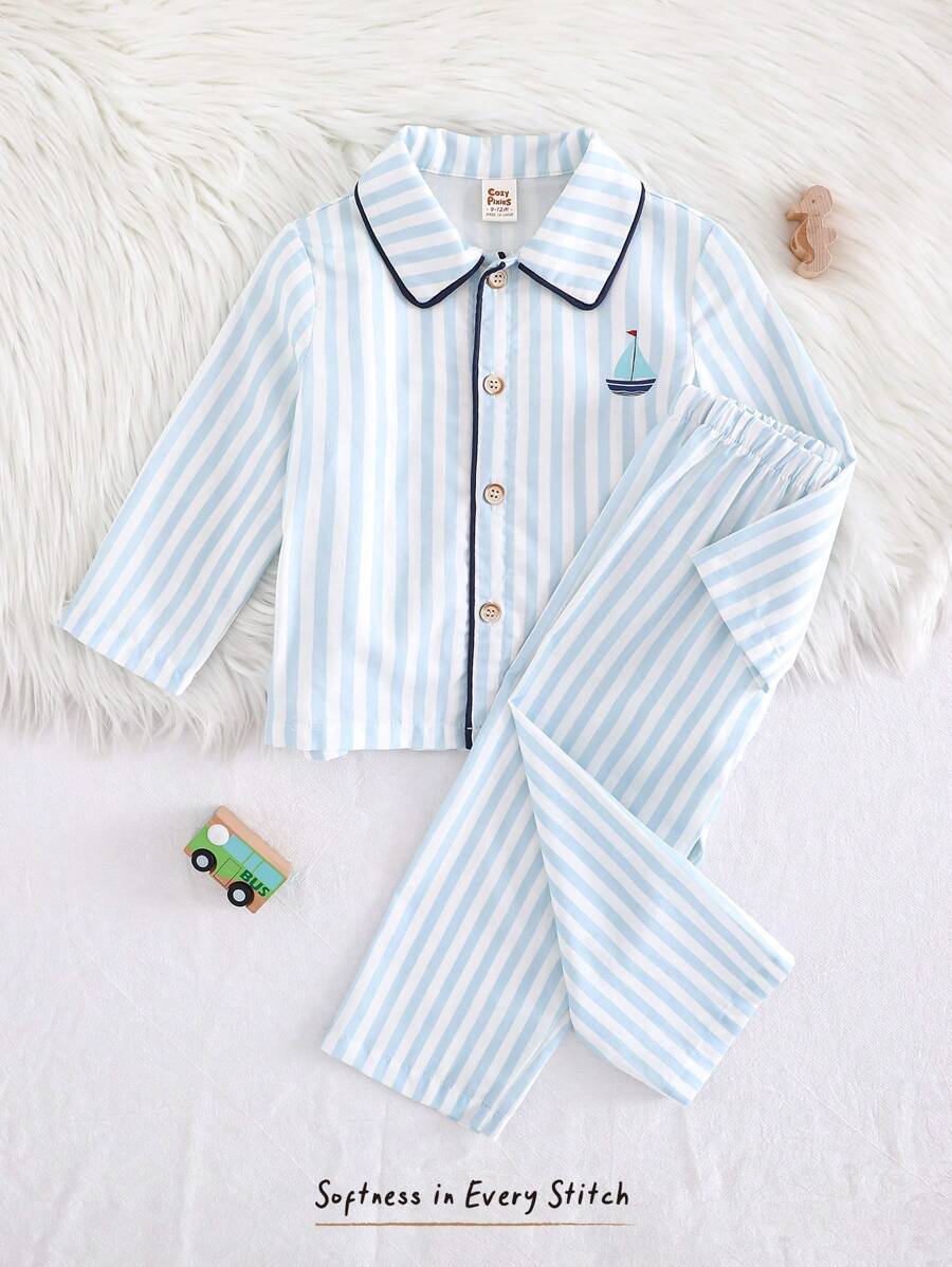 Cozy Pixies 2pcs/Set Baby Boy Striped Lapel Long Sleeve Cardigan Tops And Elastic Waist Pants Set Baby Boy Pajama Set Boys Pajama Sets Cotton Baby Boy Pajamas Striped Baby Boy Pajamas