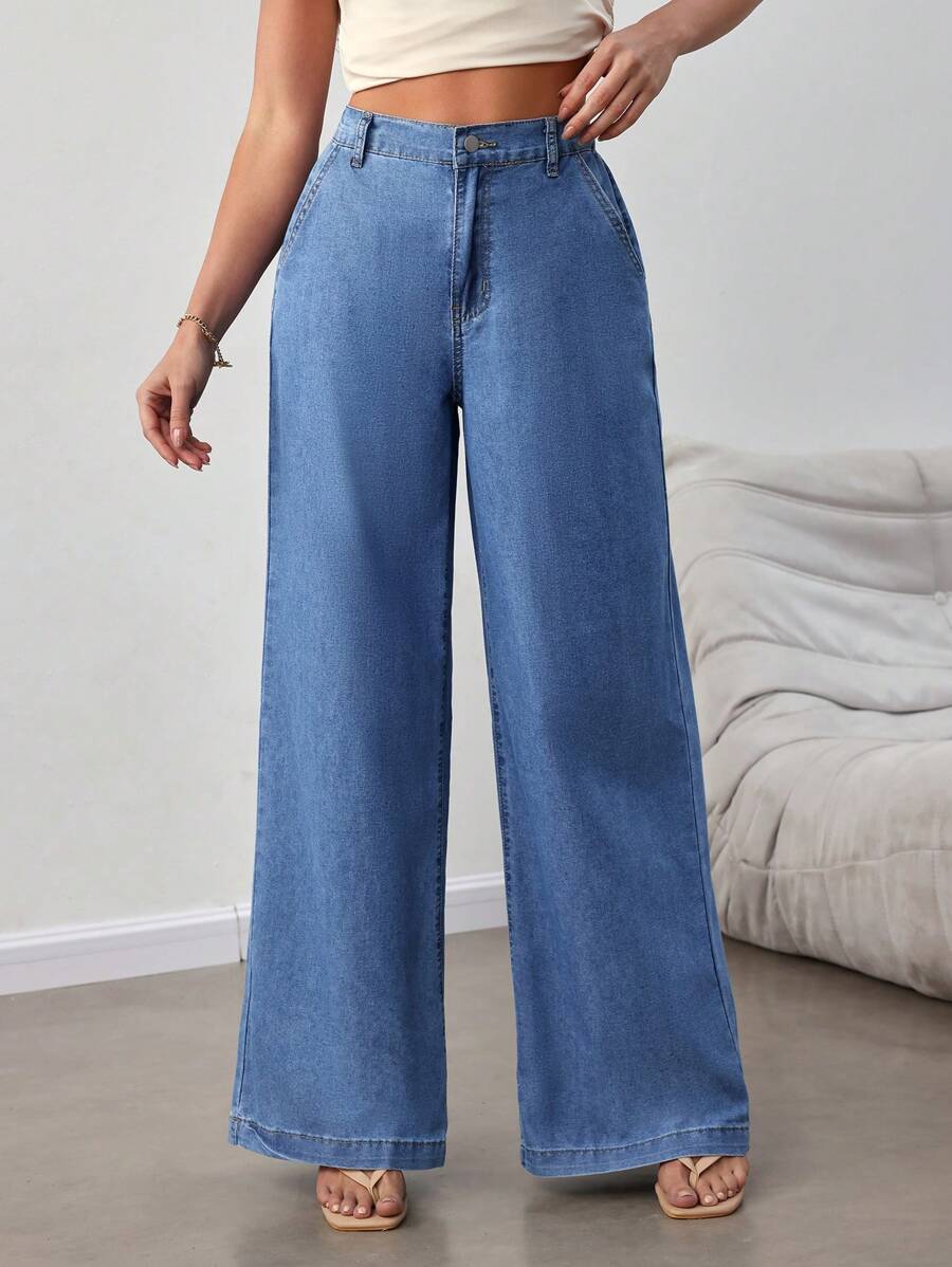 SHEIN Tall Jeans de pierna acampanada de ajuste holgado para mujeres, azul