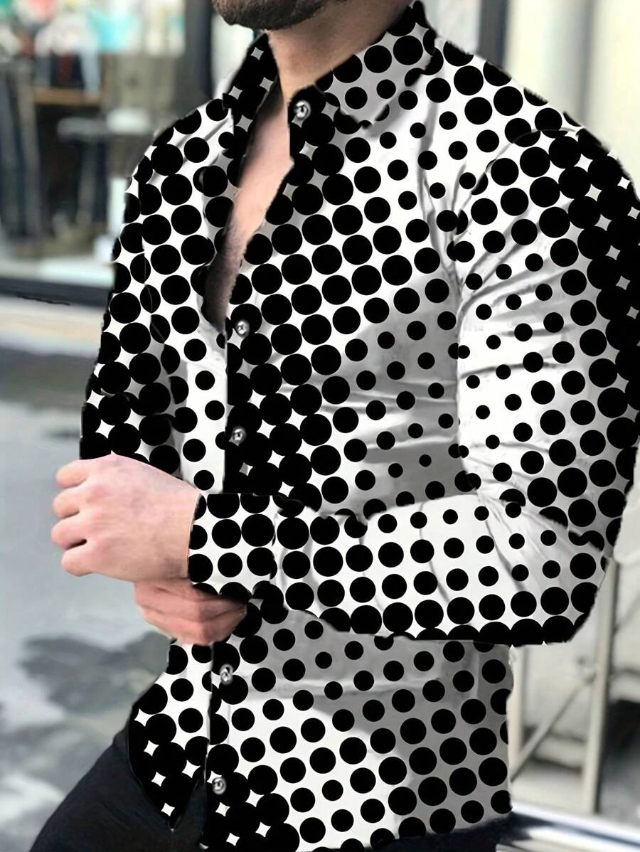 Manfinity Homme Men's Polka Dot Turndown Collar Casual Printed Button-Up Long Sleeve Shirt