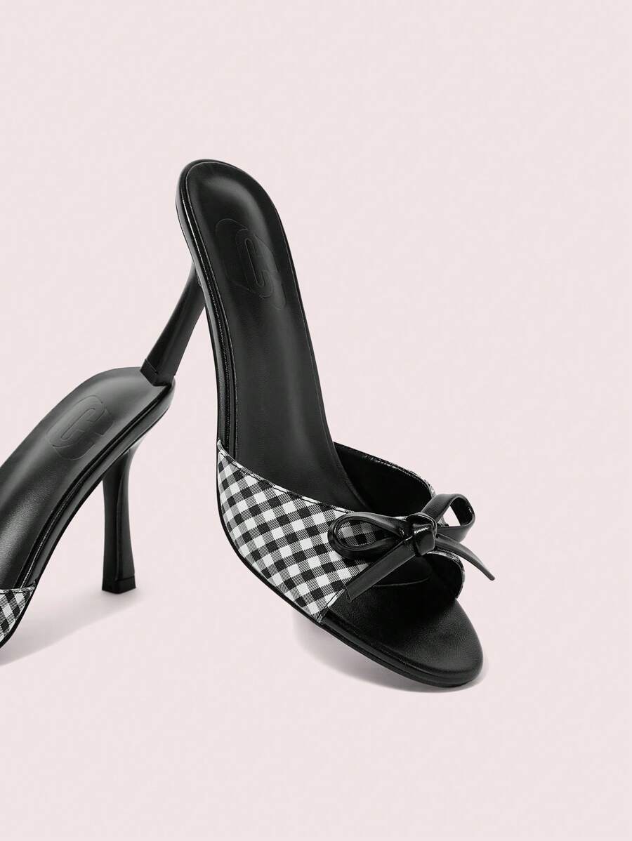 CUCCOO DOLLMOD Women's Plaid & Black PU Mixed Bow Decor Comfortable Round Toe High Heel Mule Sandals