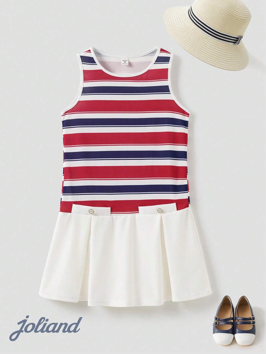 Joliand Joliand 1 pieza Vestido sin mangas a rayas rojo, blanco y azul, elegante y urbano clásico, para niñas preadolescentes, apto para salida, fiesta, playa, verano