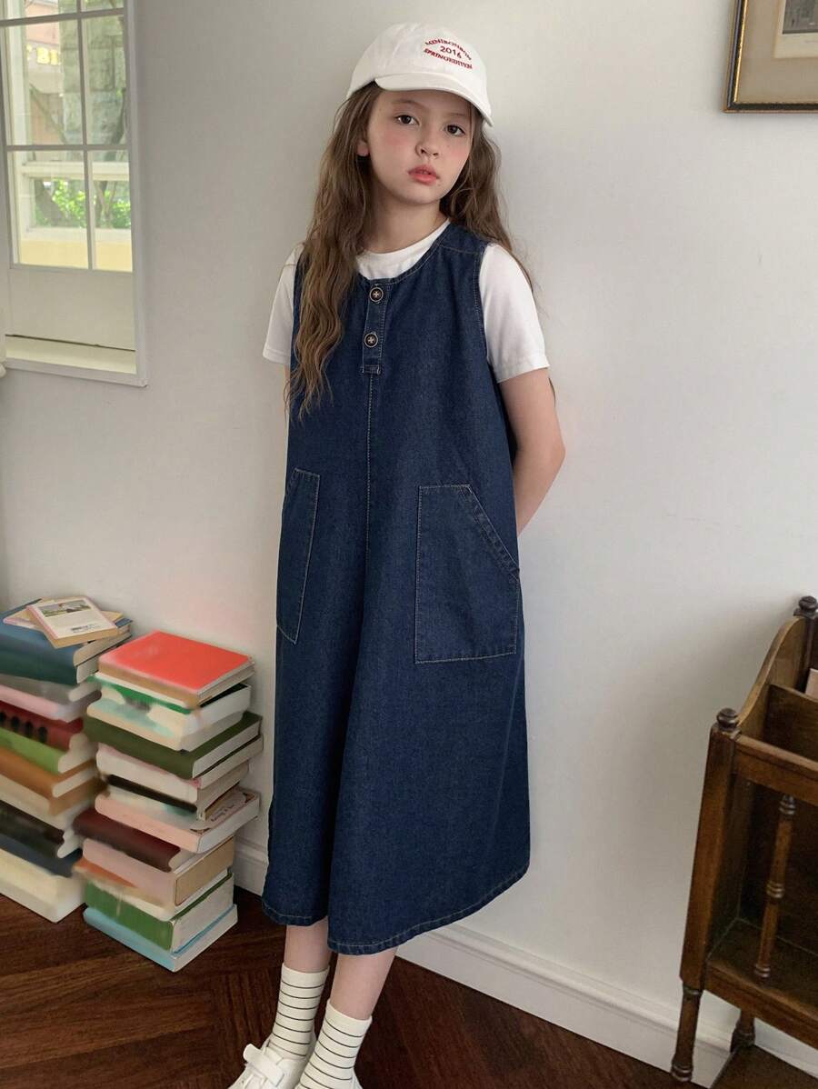 DAZY Vestido peto vaquero sin mangas para niñas preadolescentes para otoño, ropa de vuelta al colegio
