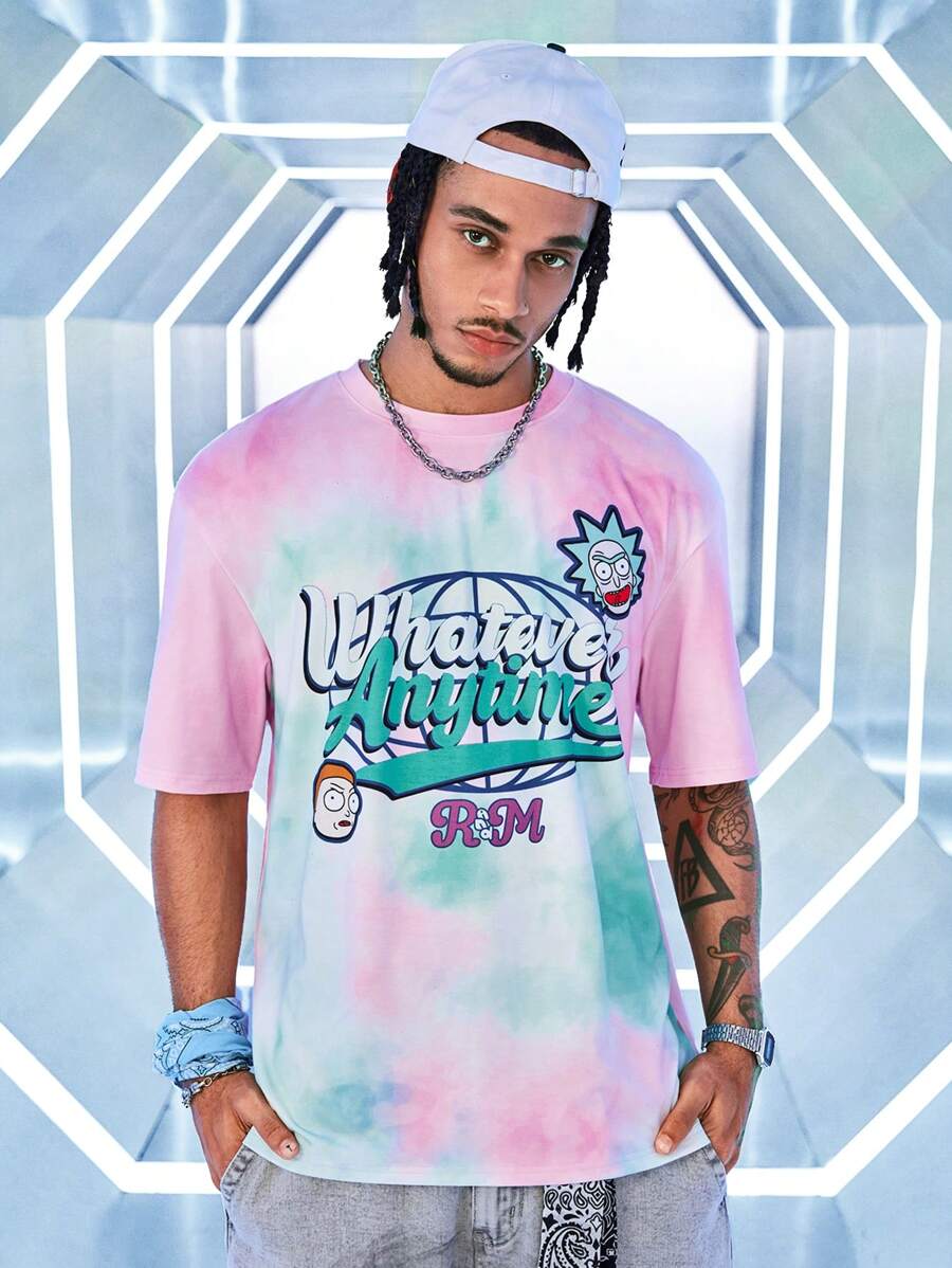 Rick and Morty X SHEIN Tie-Dye And Letter Graphic Round Neck Short Sleeve T-Shirt, Summer