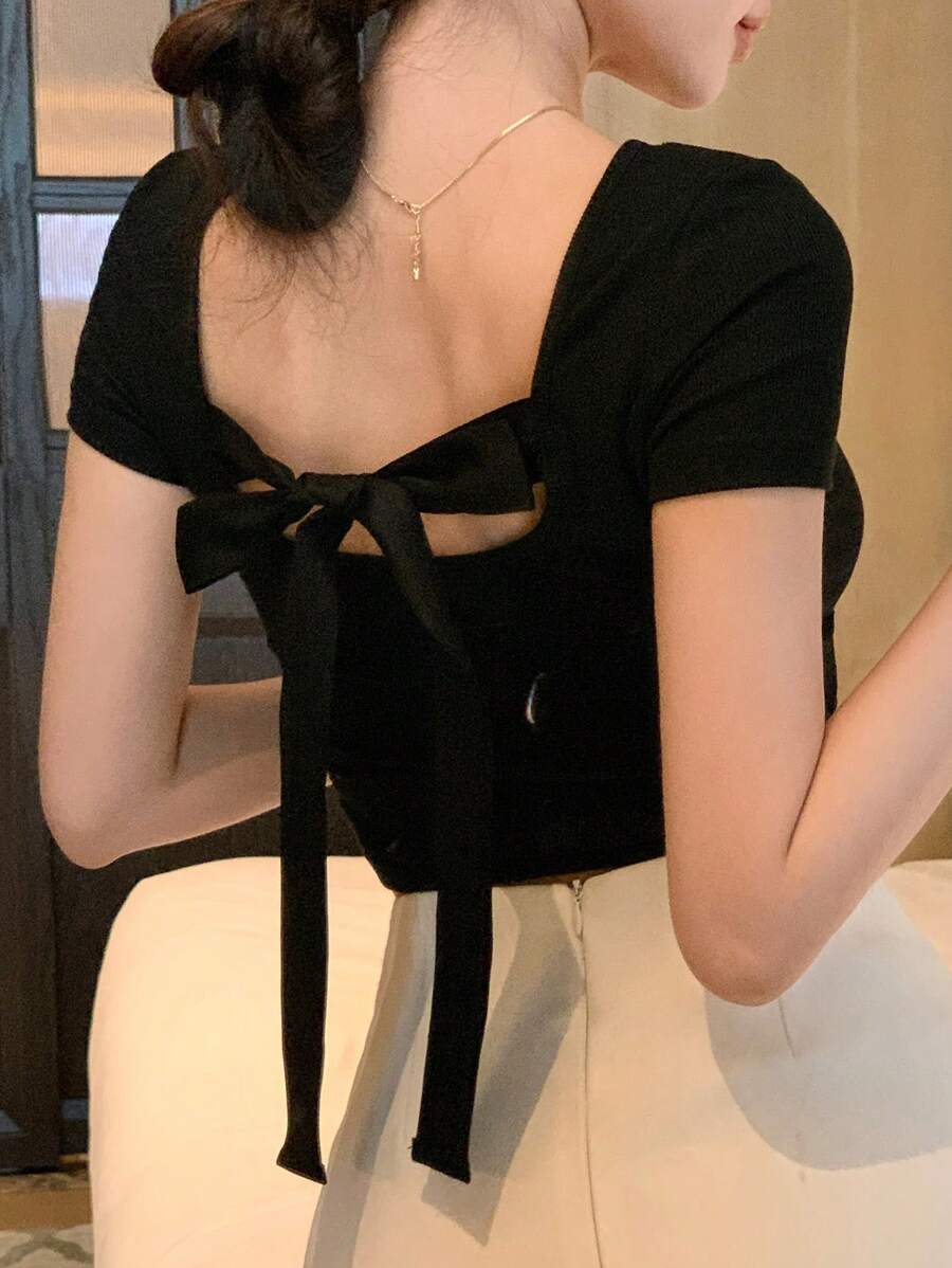 DAZY Women's Summer Backless Tie Strap Bow Sexy Casual Black T-Shirt,Crop Tops Women