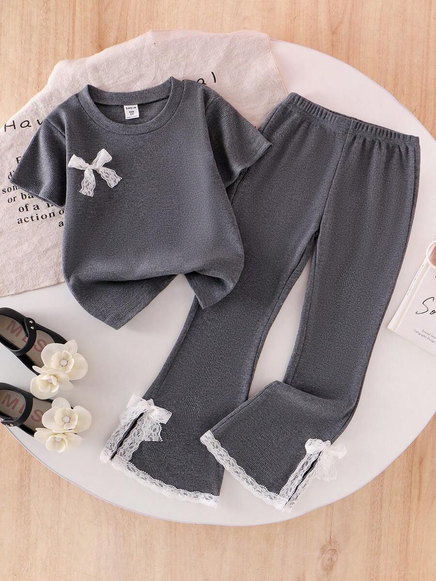 2 pezzi Completo primavera/autunno per ragazze giovani con maglietta girocollo grigia comoda con decorazione in pizzo e fiocco, e pantaloni casual
