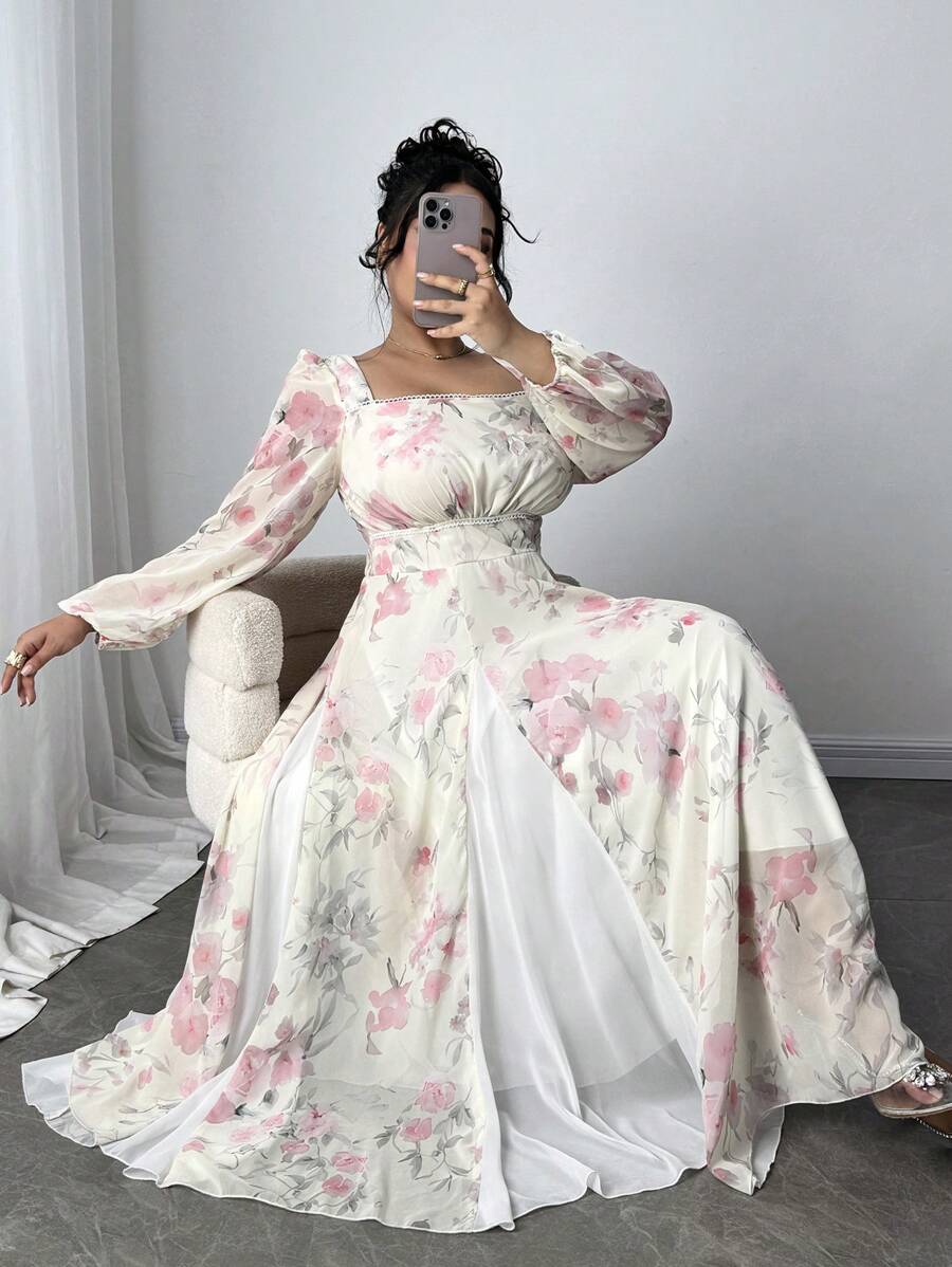 Modelyn Vestito lungo in chiffon con patchwork floreale in taglie comode, abito romantico ed elegante adatto per le vacanze, per primavera/estate