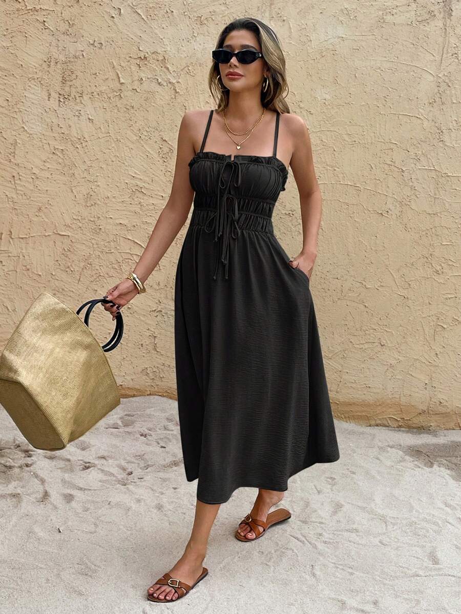 Serisse Abito midi da donna con colore unito, arricciature sulla parte anteriore, tasche e senza maniche, adatto per le vacanze