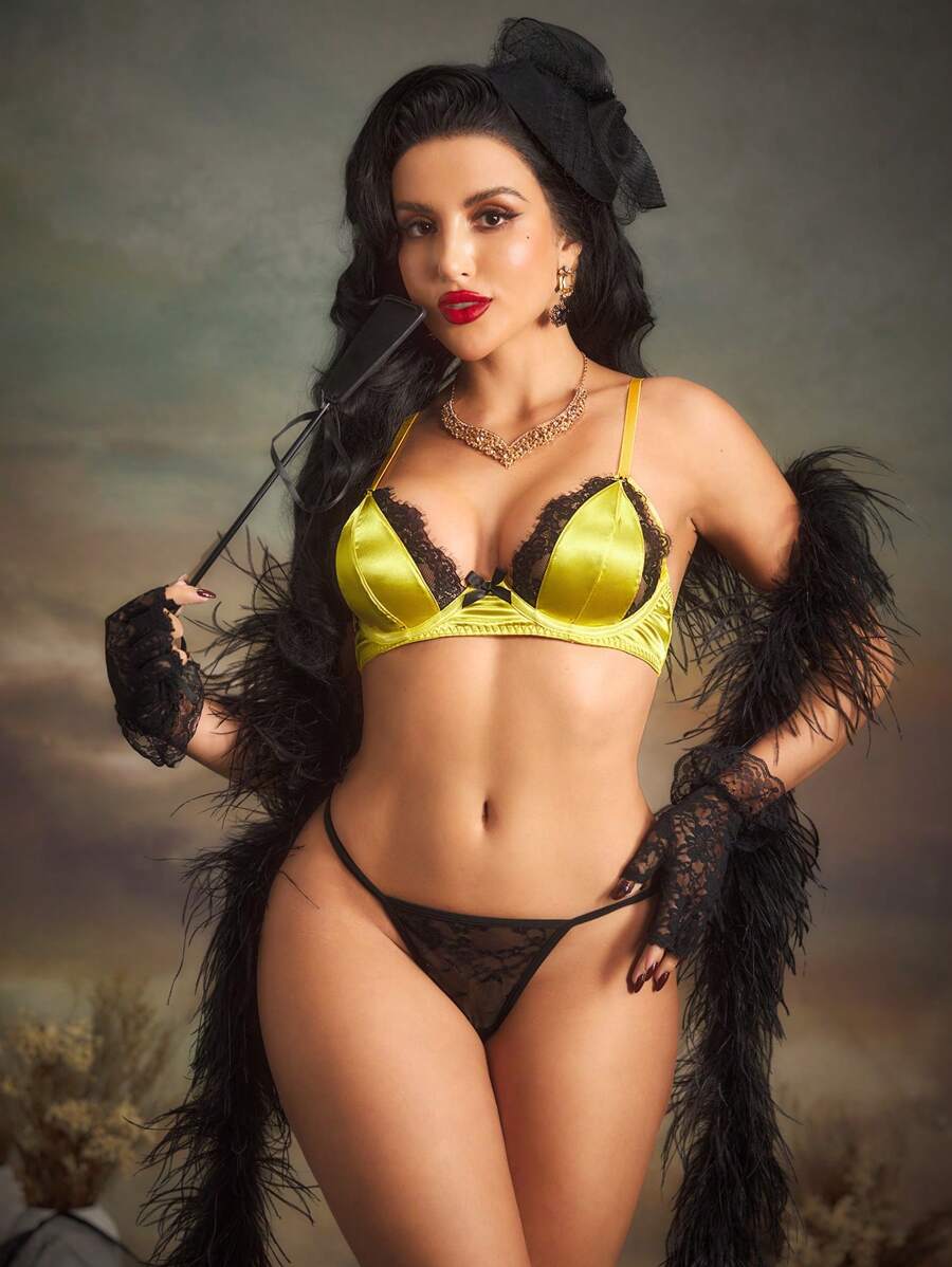 PinupGlam Encantador Sujetador de Mujer de Satén con Encaje Recortado, Copa Triangular Vintage, con Varillas, en Verde Oliva, Amarillo Mostaza, Negro
