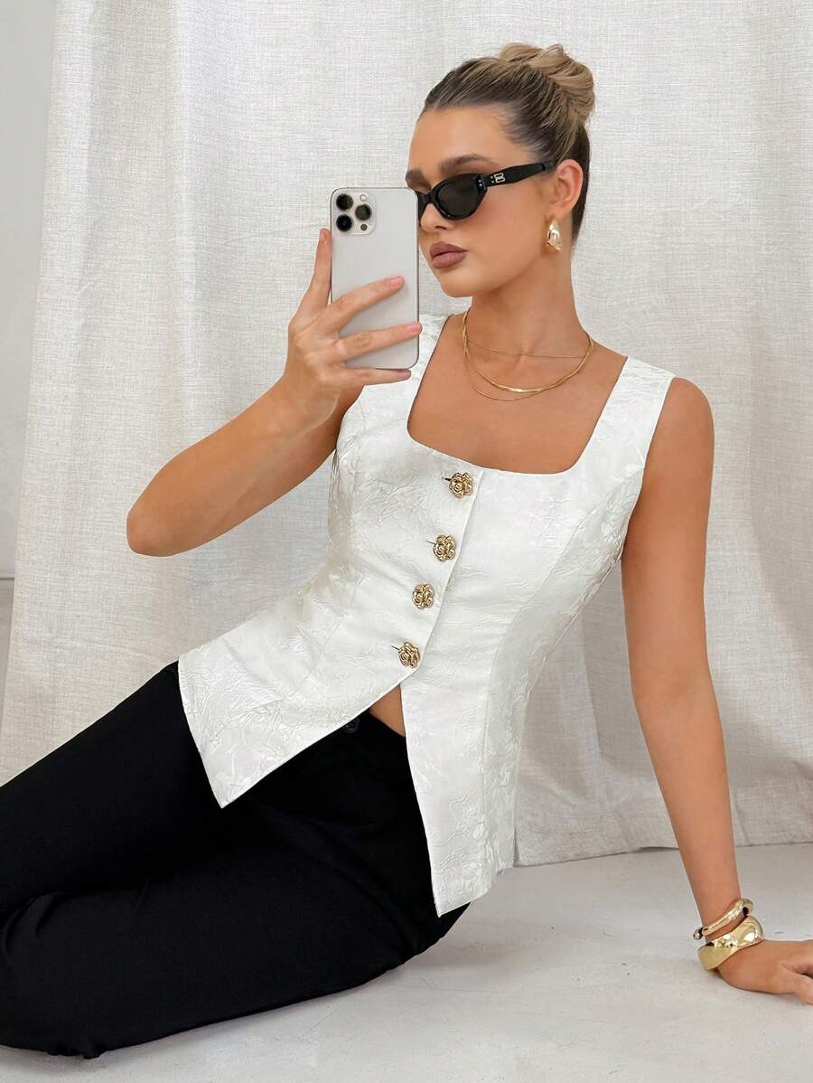Lavishia Women's Sleeveless Solid Color Square Collar Button Front Elegant Blouse, Summer Business Casual Woman Work Clothes Women Office Outfits For Women Business Casual Business Women Attire Professional Women Clothes White Blouse Airport Outfit For Women Teacher Teacher Outfits For Women Blouse Fall Women Clothes Fall Clothes Back To School Clothes Back To School Y2k Old Money Style Women Work Clothes Women Business Casual Woman Work Office Wear Women Airport Outfit