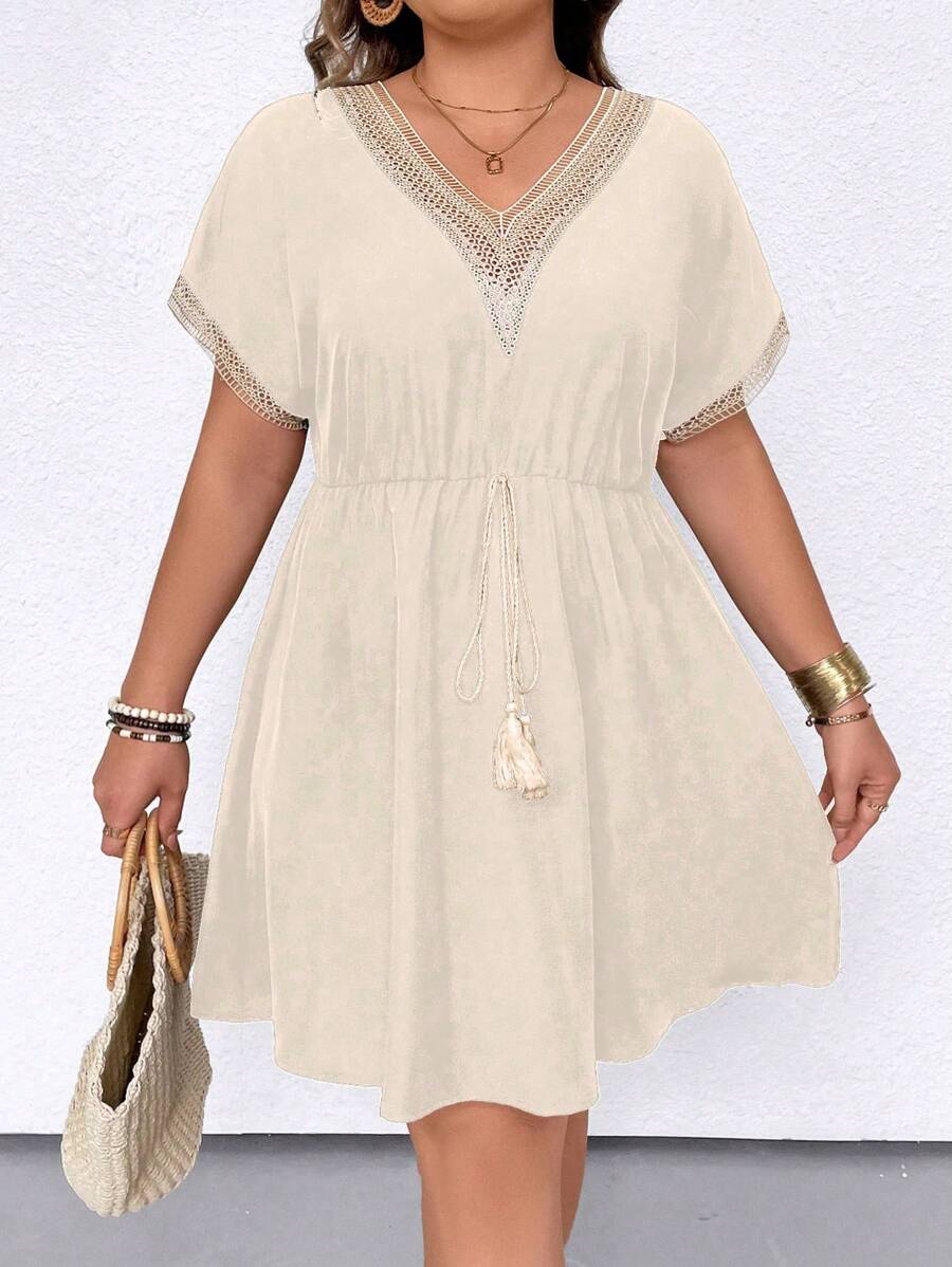 SHEIN LUNE Plus Size Women Contrast Lace Bat Sleeve Waist Tied Summer Dress