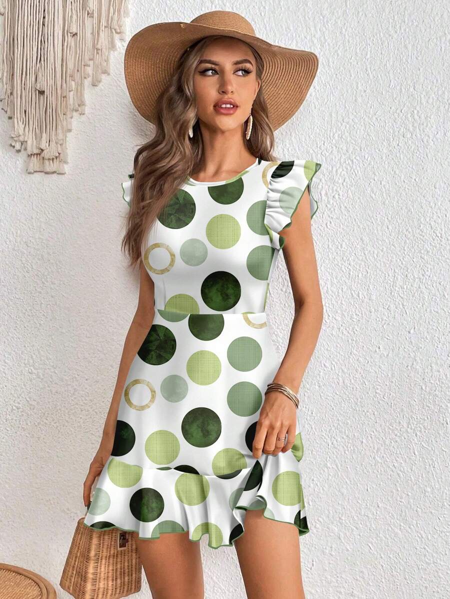 SHEIN Clasi Green Polka Dot Print Mini Dress For Women,Vacation Outfits Woman