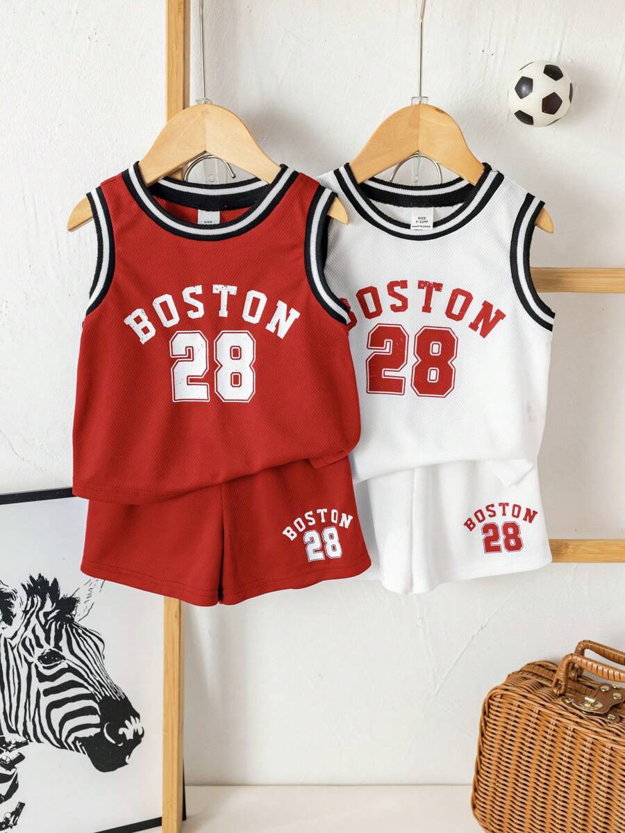 SHEIN Set de 4 piezas de ropa de verano informal para niño bebé que incluye camiseta de baloncesto con estampado y shorts