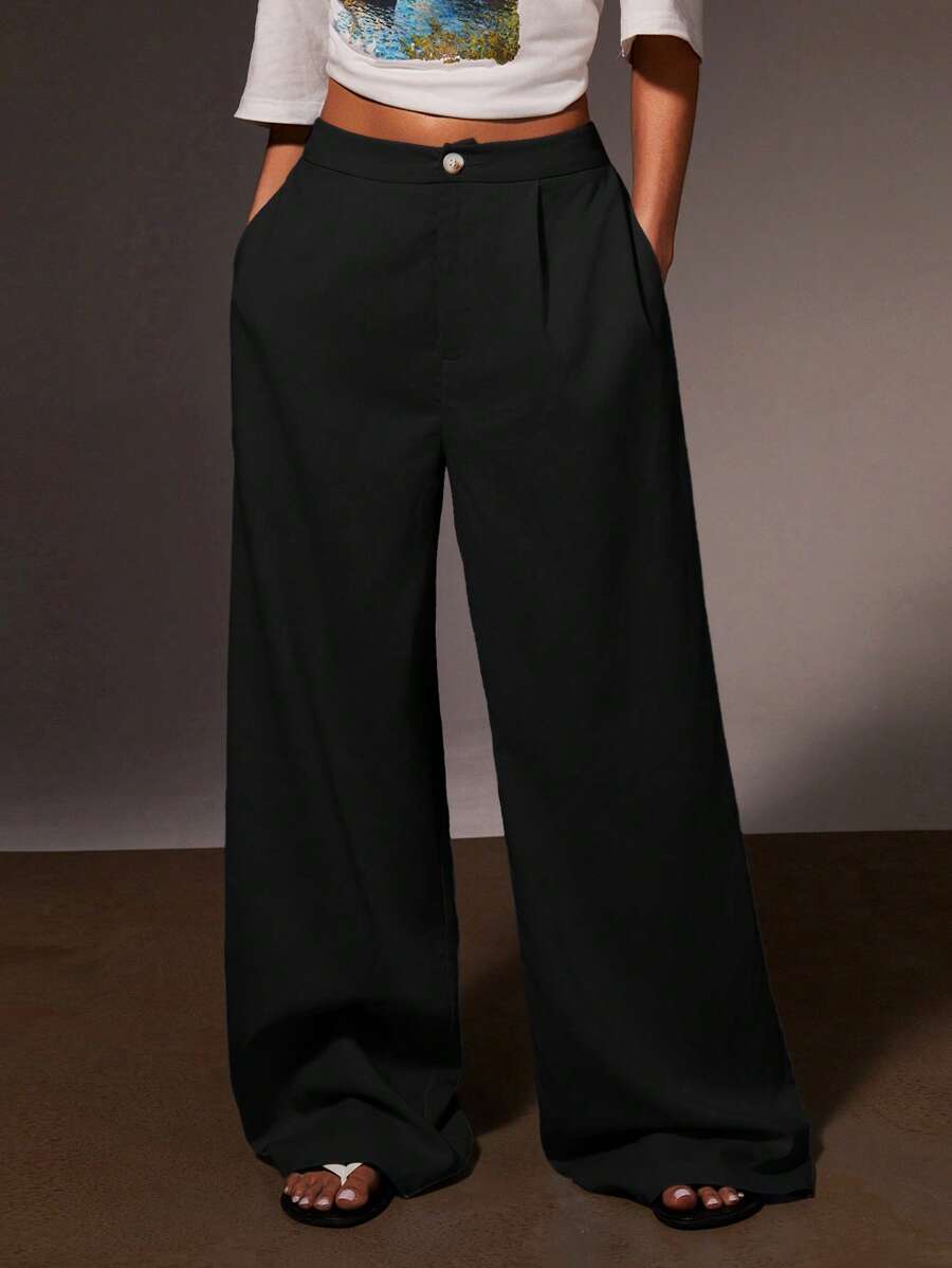 Athîral Pantaloni casual larghi e comodi da donna in colore tinta unita, con pieghe e tasche