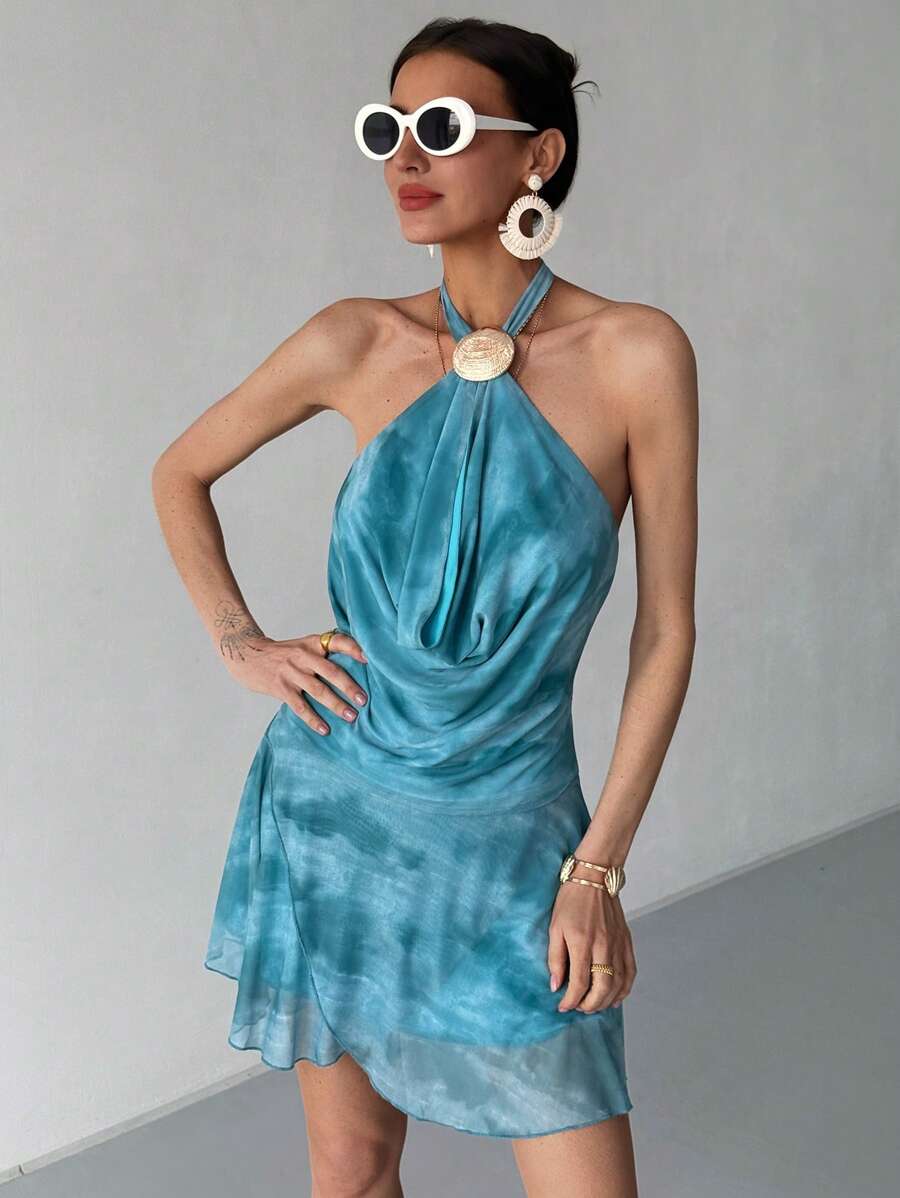 Aloruh Abito mini con scollo a drappeggio e stampa tie-dye, di moda