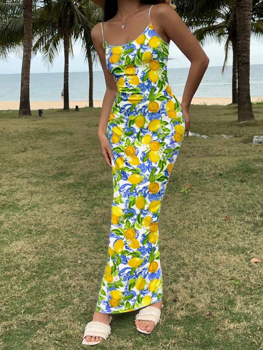 SHEIN EZwear Rochie lungă, casual, cu imprimeu de lămâie și fructe, croială slim fit, cu bretele tip spaghete, potrivită pentru vară, vacanță la plajă, sezonul absolvirii, vacanța de primăvară