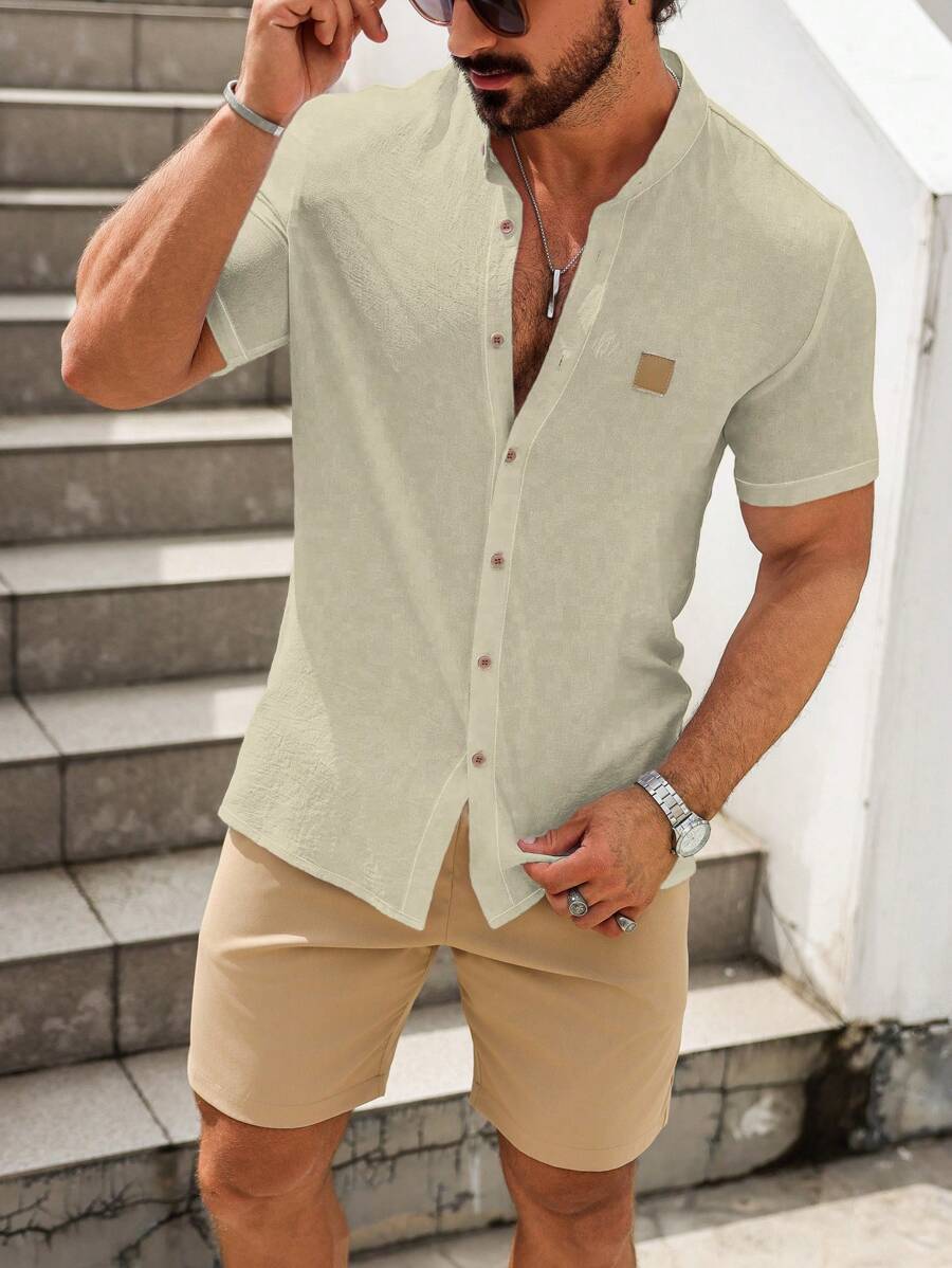 Manfinity Homme Men's Casual Straight Collar Short Sleeve Single-Breasted Shirt, Summer Summer Time Outfits For Men