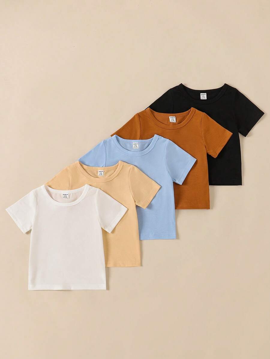 SHEIN Playful Pals 5pcs Pack Infant/Toddler Boys' Casual Comfortable White T-Shirt, Spring/Summer Baby Boy Summer T-Shirt